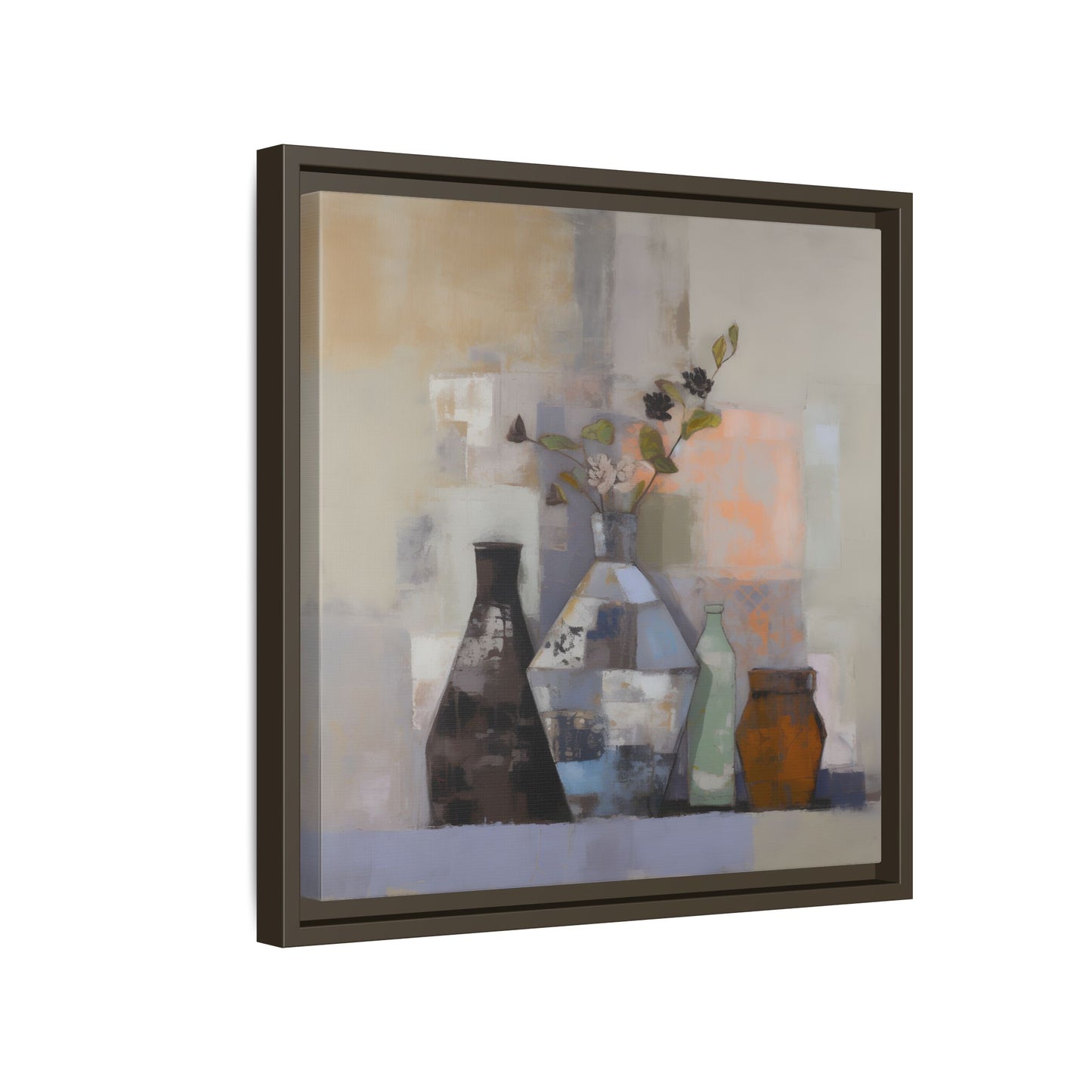 Earthy Bottle Still Life Wall Art – Framed Abstract Canvas with Geometric Vases in Neutral Tones