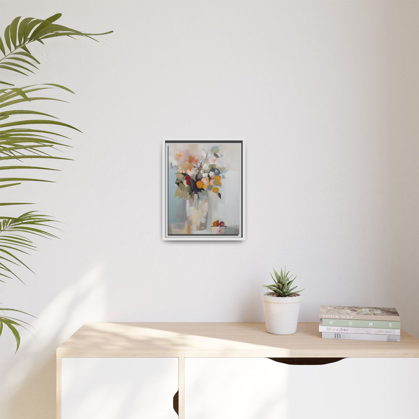Colorful Floral Still Life Wall Art – Framed Abstract Canvas with Bright Blooms and Fruit Bowl