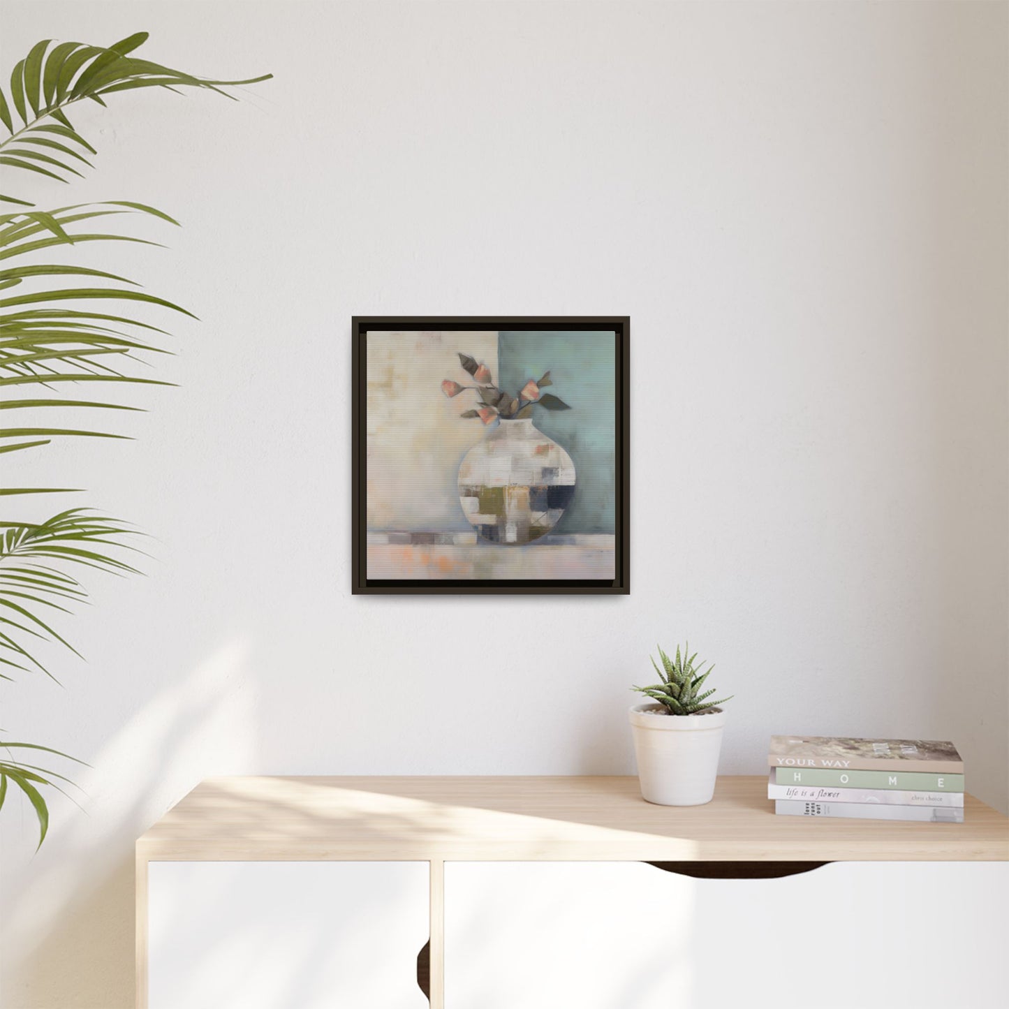 Geometric Floral Still Life Wall Art – Framed Abstract Canvas with Vase and Blush Pink Buds