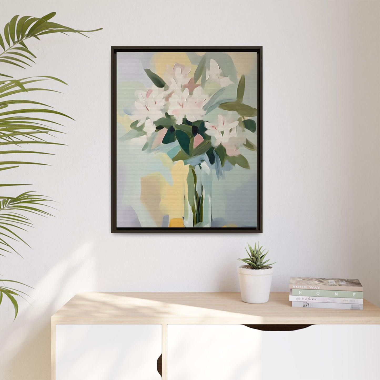 Soft Abstract Floral Wall Art – Framed Modern Canvas with White Flowers in Green Vase