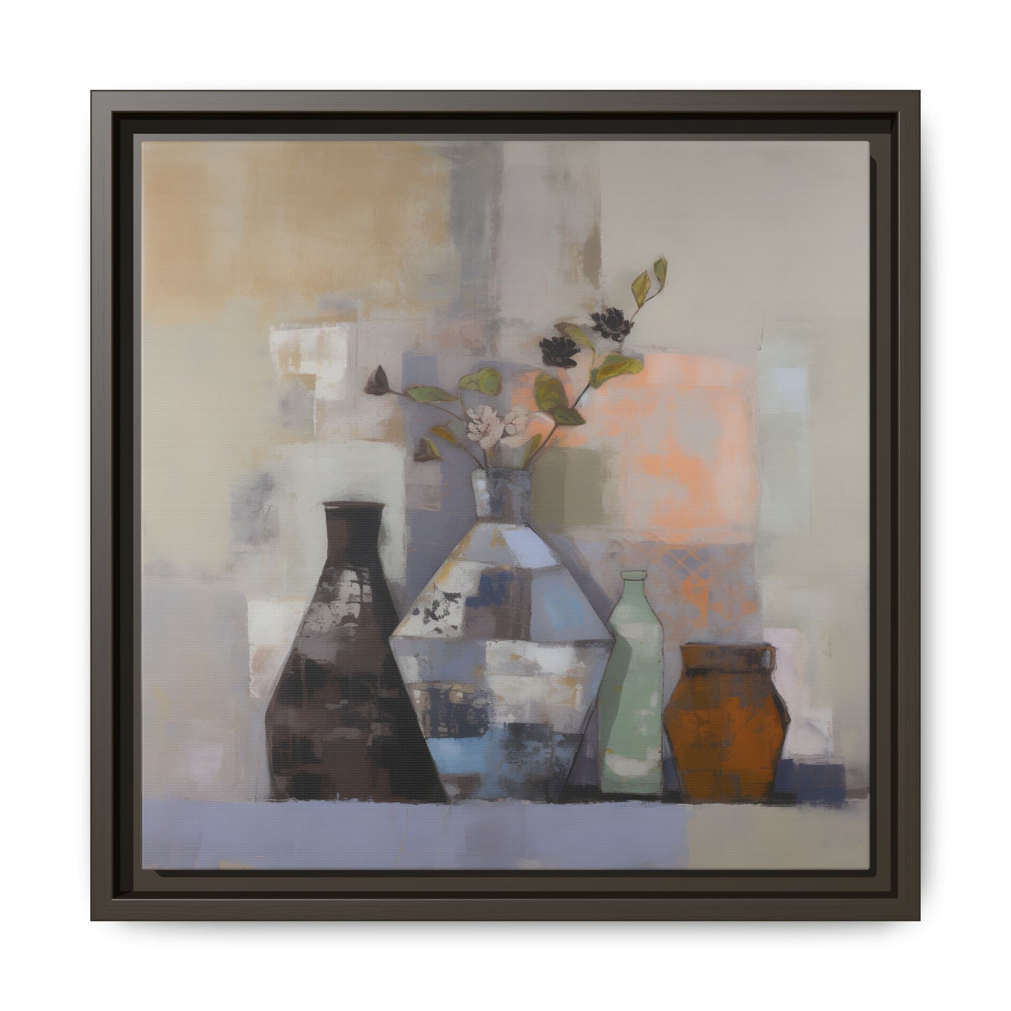 Earthy Bottle Still Life Wall Art – Framed Abstract Canvas with Geometric Vases in Neutral Tones
