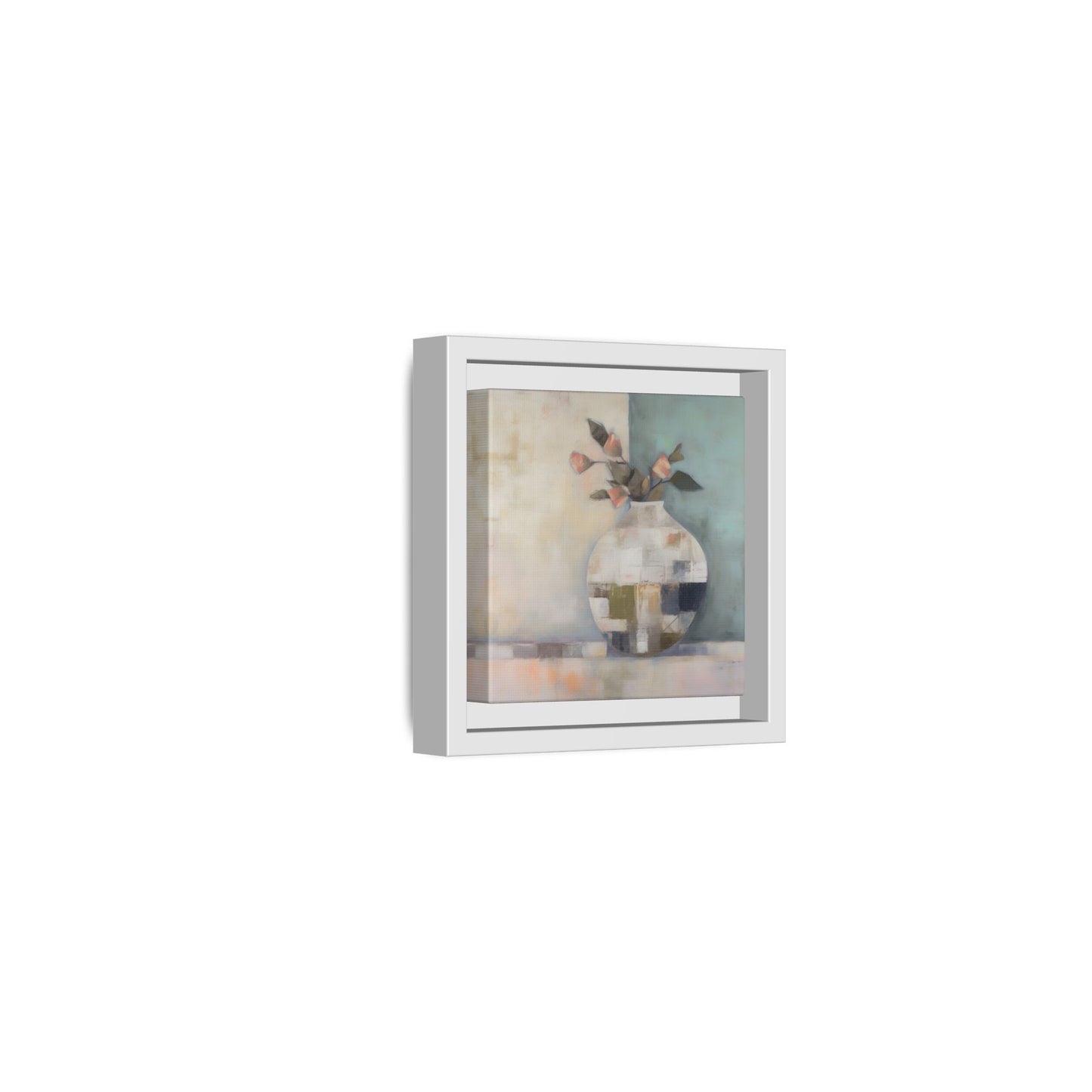 Geometric Floral Still Life Wall Art – Framed Abstract Canvas with Vase and Blush Pink Buds