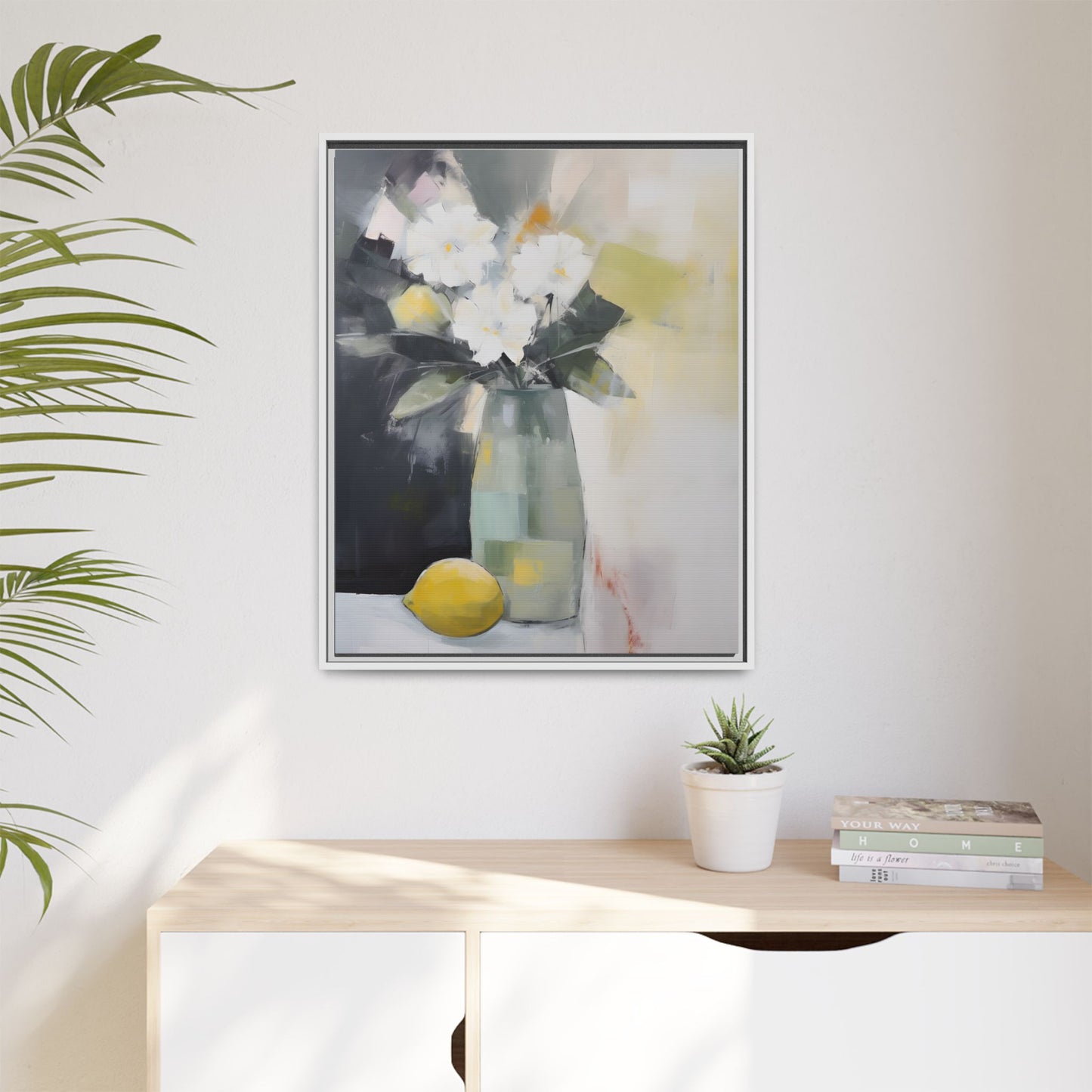 Modern Floral Still Life Wall Art – Framed Canvas with White Flowers and Lemon in Soft Green Vase