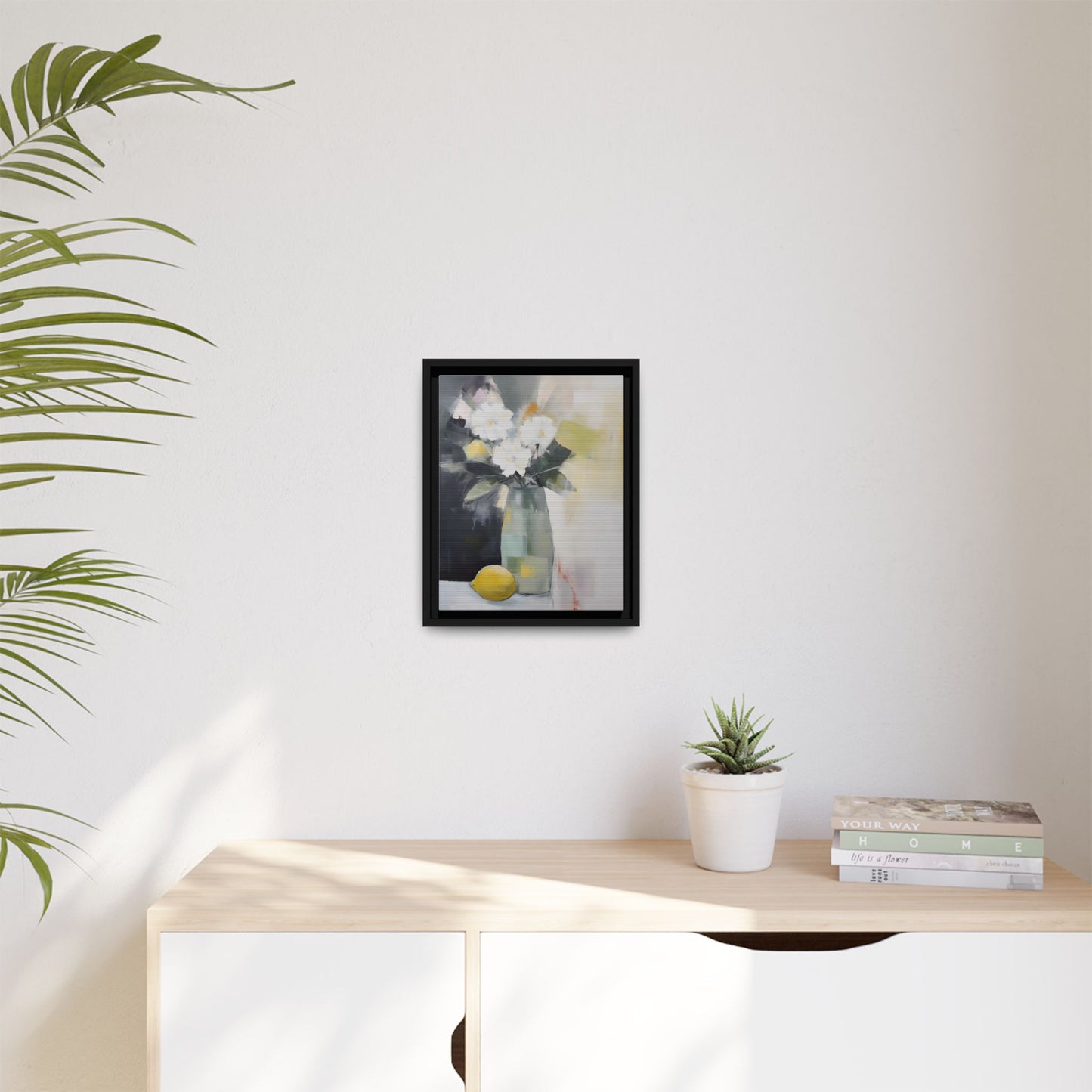 Modern Floral Still Life Wall Art – Framed Canvas with White Flowers and Lemon in Soft Green Vase