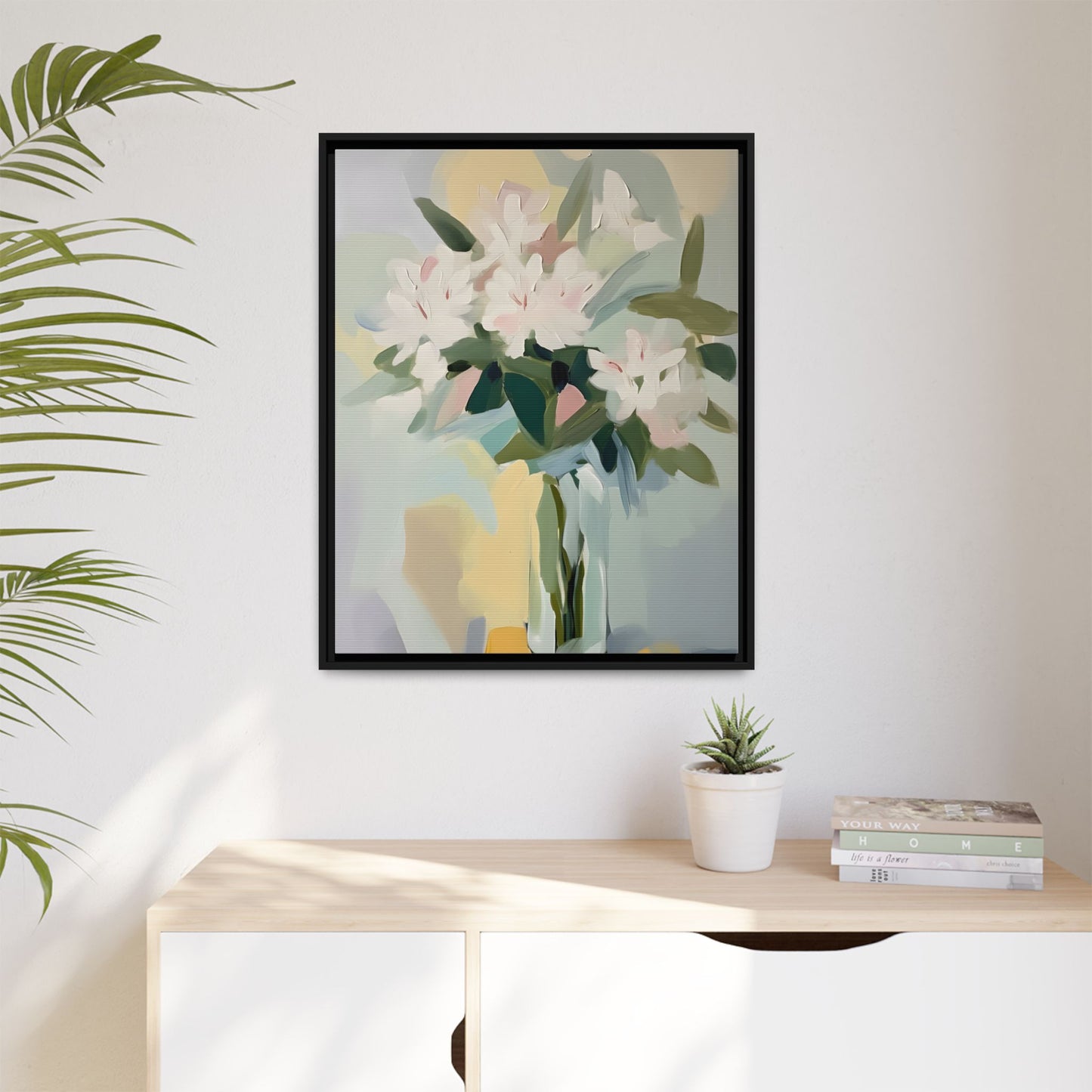 Soft Abstract Floral Wall Art – Framed Modern Canvas with White Flowers in Green Vase