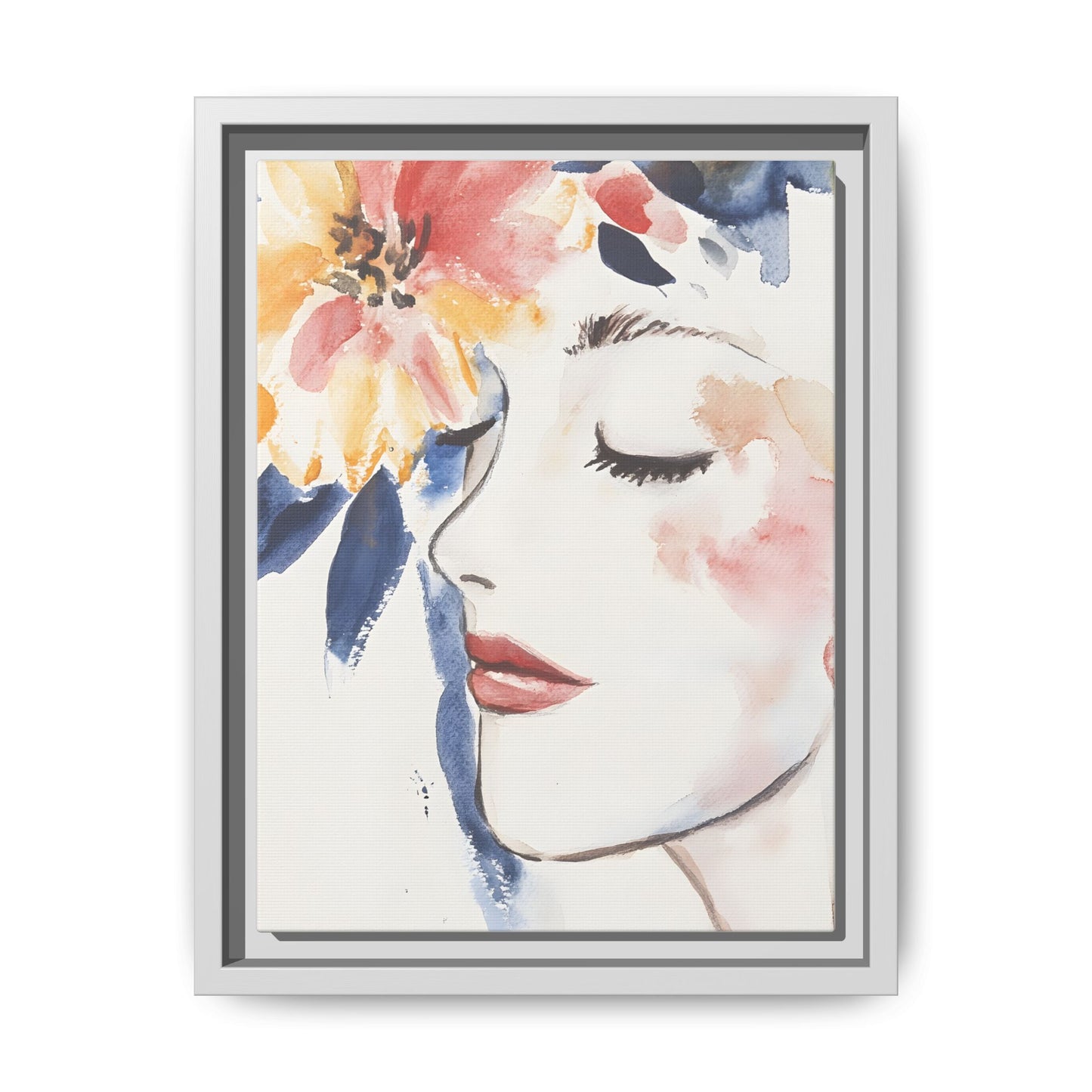 Multi-Color Framed Matte Canvas Art - Floral Face Portrait