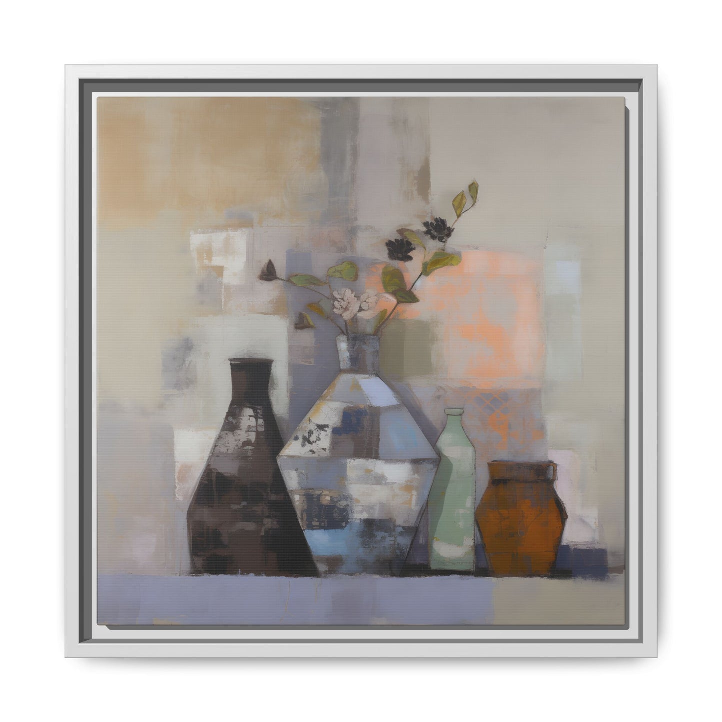 Earthy Bottle Still Life Wall Art – Framed Abstract Canvas with Geometric Vases in Neutral Tones