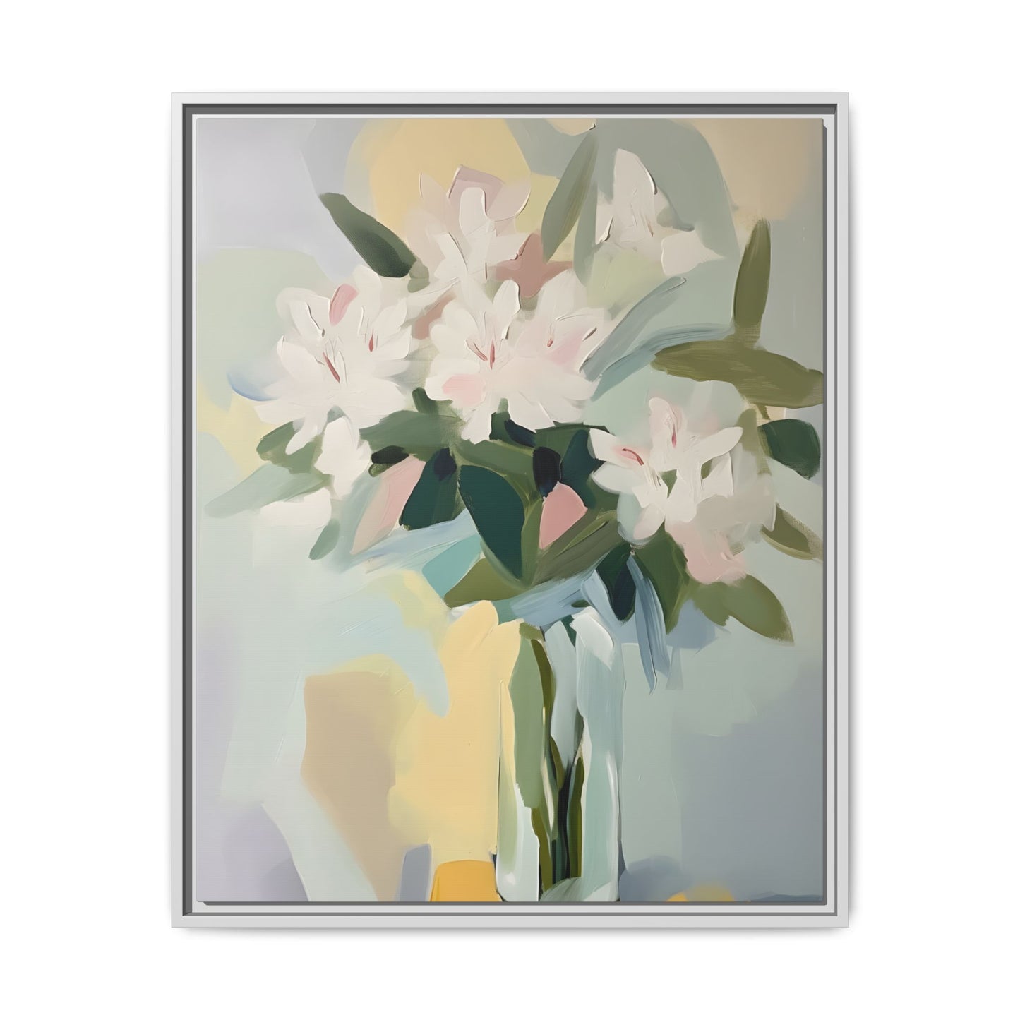 Soft Abstract Floral Wall Art – Framed Modern Canvas with White Flowers in Green Vase