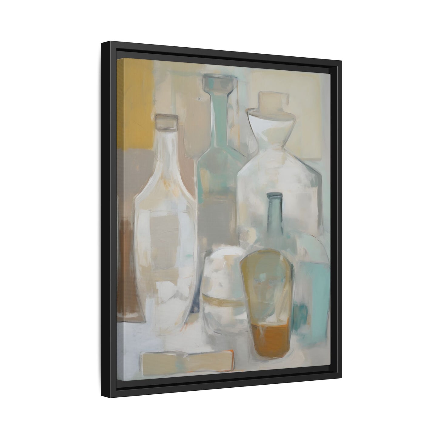 Modern Still Life Wall Art – Neutral Bottles Framed Canvas in Beige, Aqua & Amber