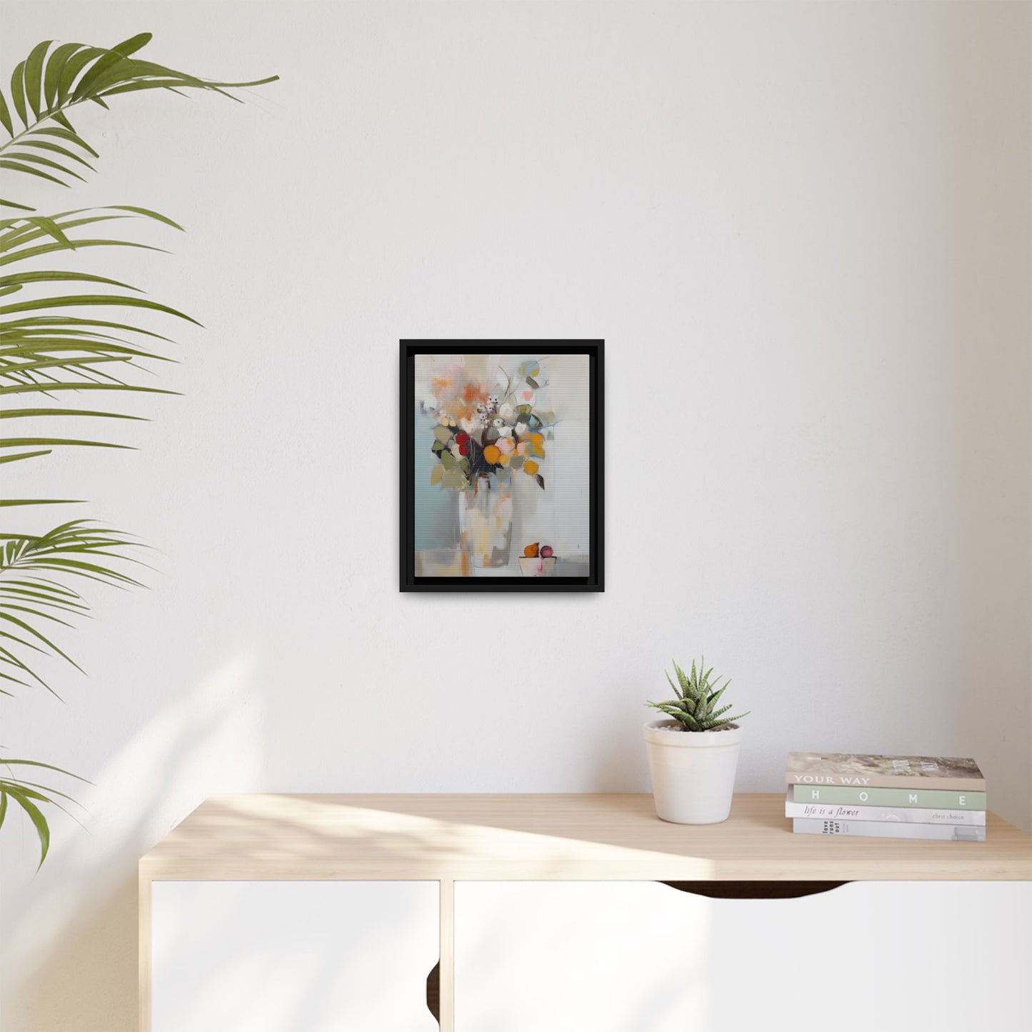 Colorful Floral Still Life Wall Art – Framed Abstract Canvas with Bright Blooms and Fruit Bowl