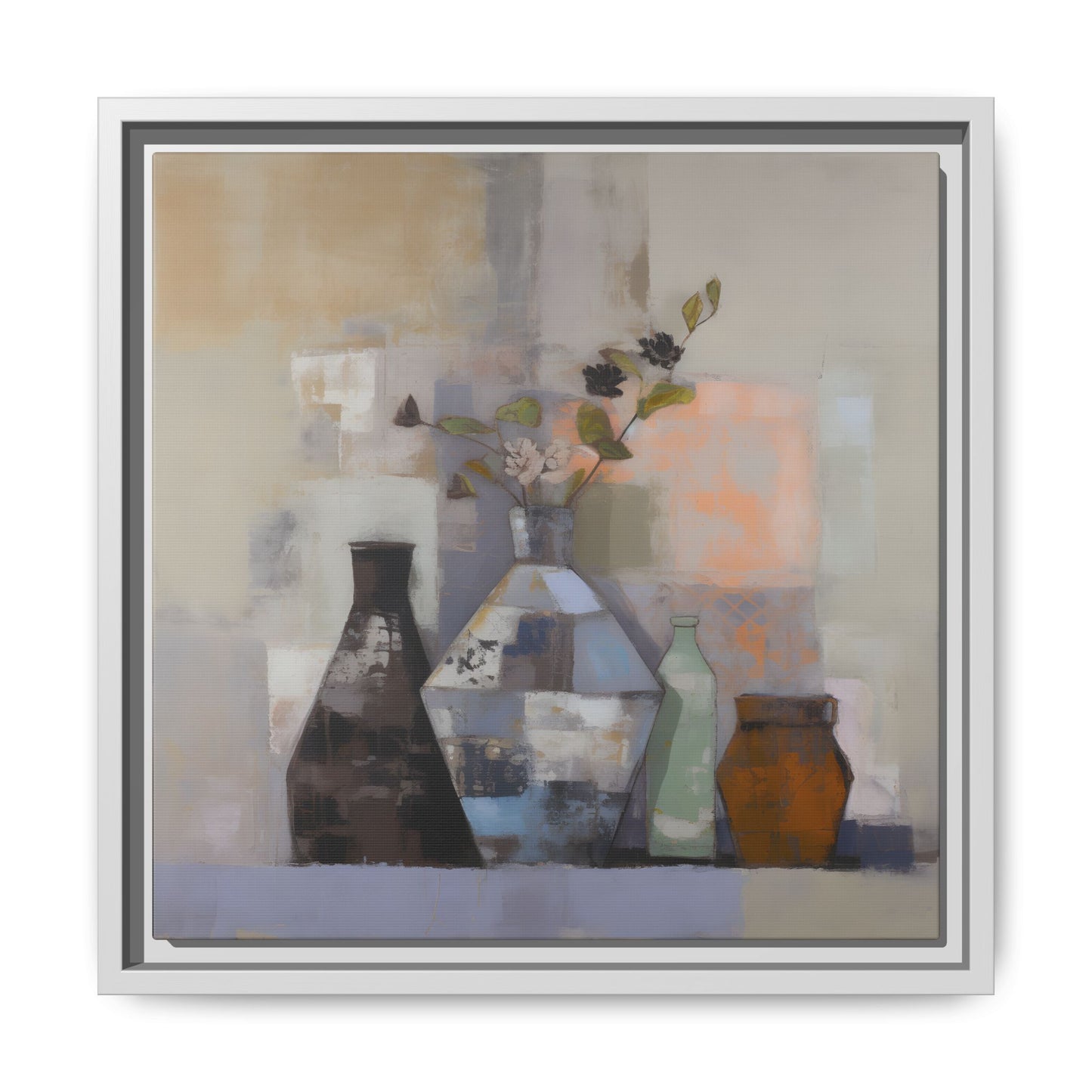 Earthy Bottle Still Life Wall Art – Framed Abstract Canvas with Geometric Vases in Neutral Tones
