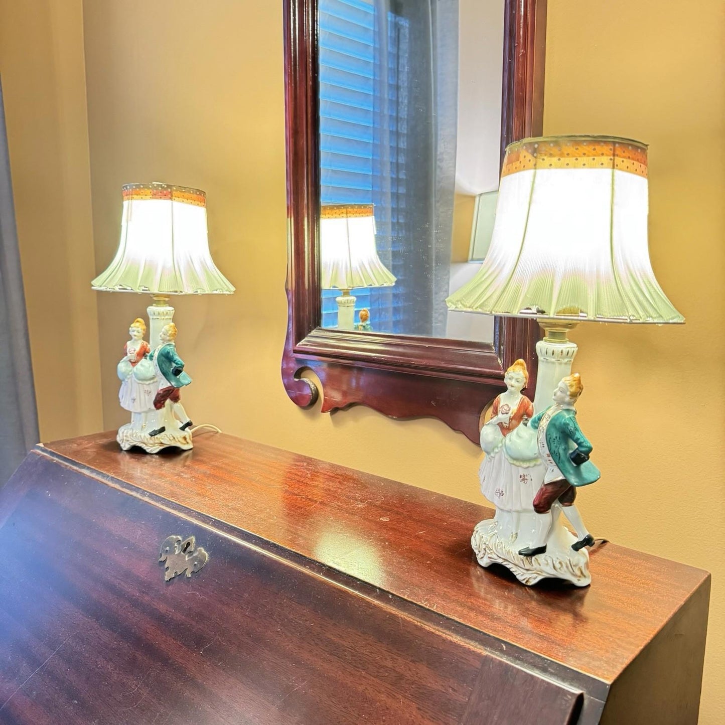 Victorian Colonial vintage man woman porcelain Hand Painted lamp Japan Pair