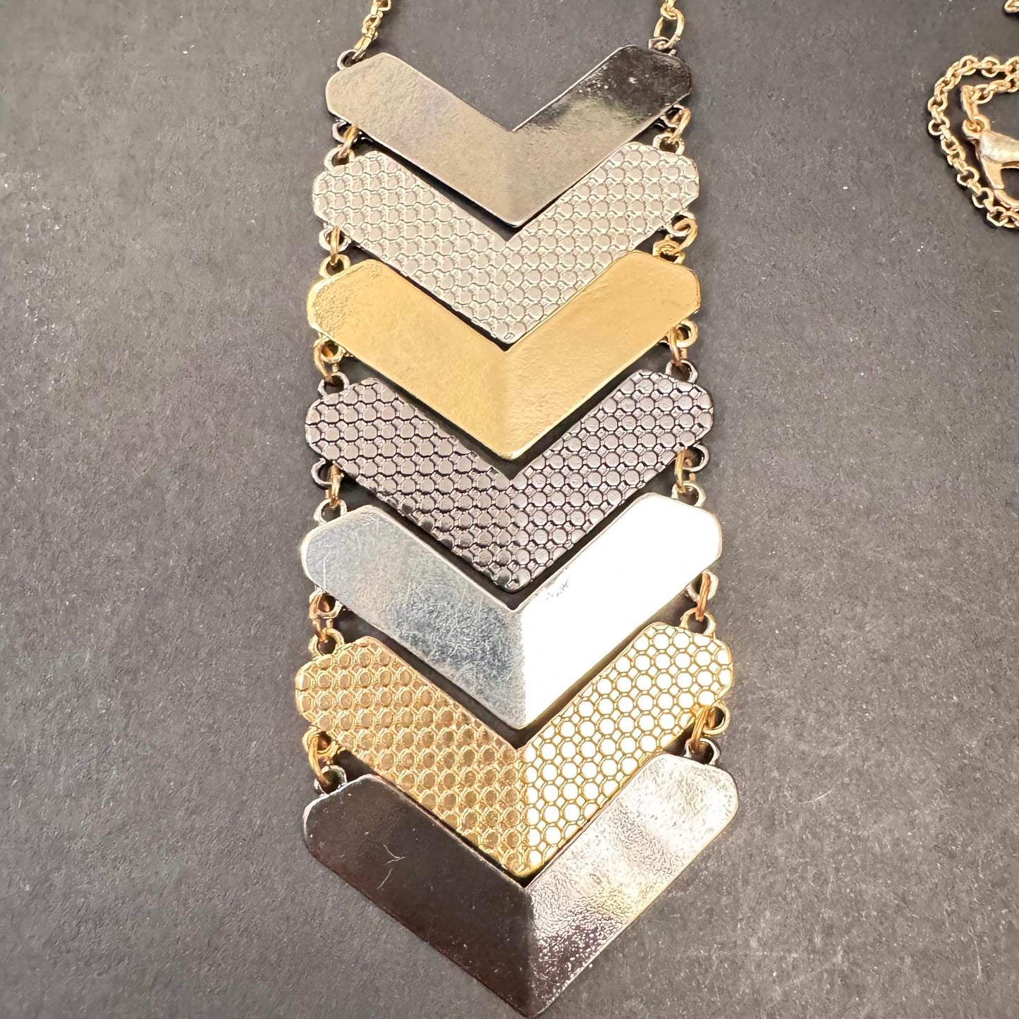 Chevron Pendant Necklace Mixed Metal Gold Silver Bronze Statement Jewelry