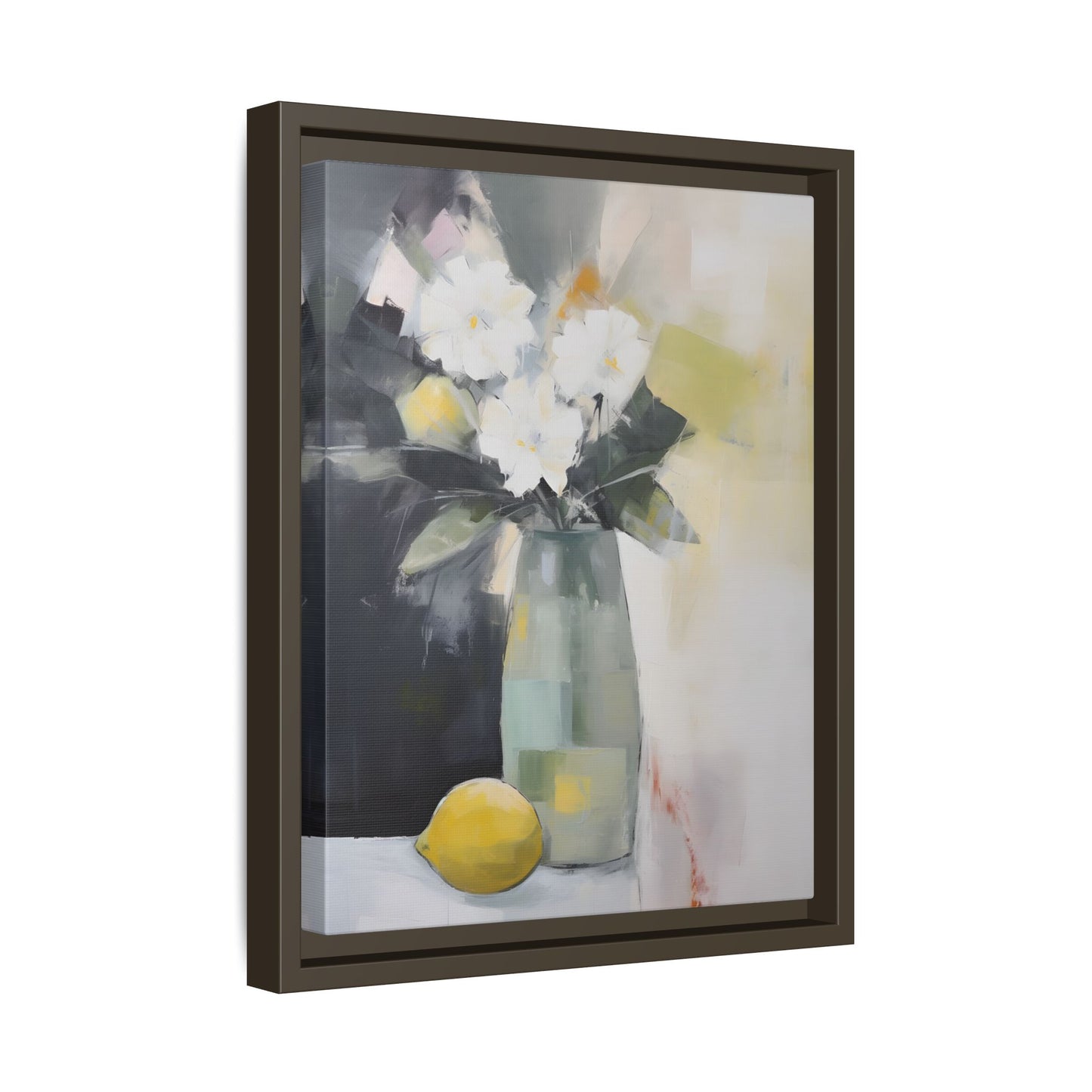 Modern Floral Still Life Wall Art – Framed Canvas with White Flowers and Lemon in Soft Green Vase