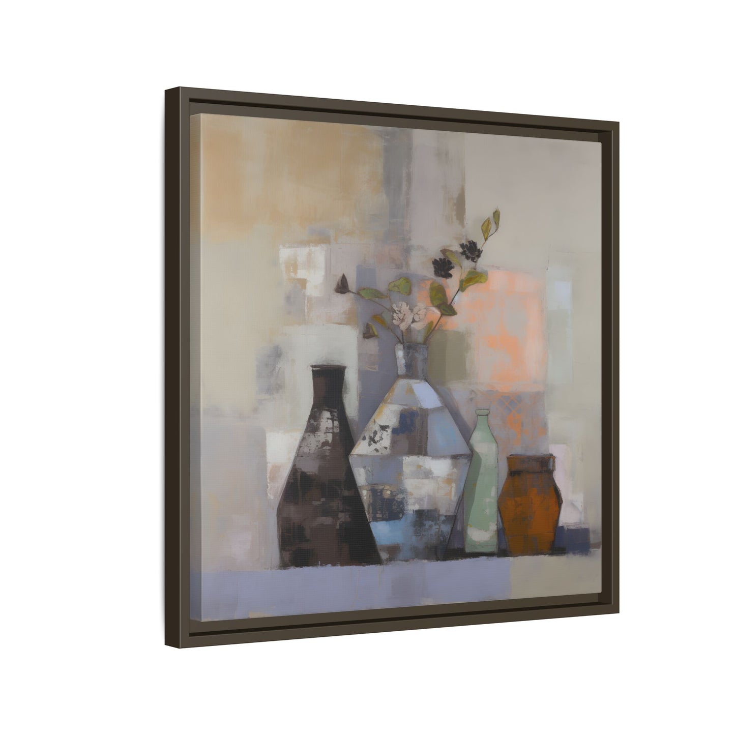 Earthy Bottle Still Life Wall Art – Framed Abstract Canvas with Geometric Vases in Neutral Tones