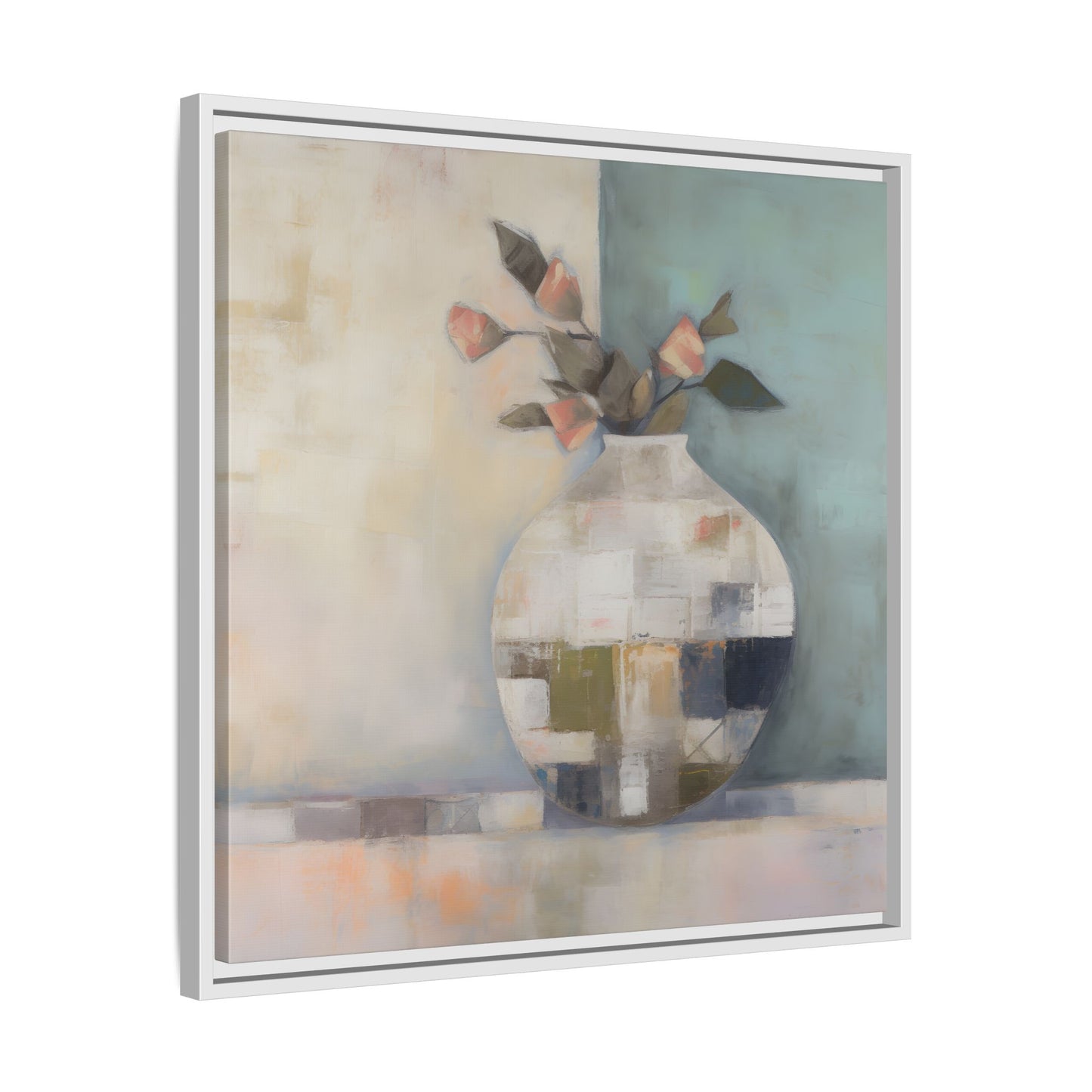 Geometric Floral Still Life Wall Art – Framed Abstract Canvas with Vase and Blush Pink Buds