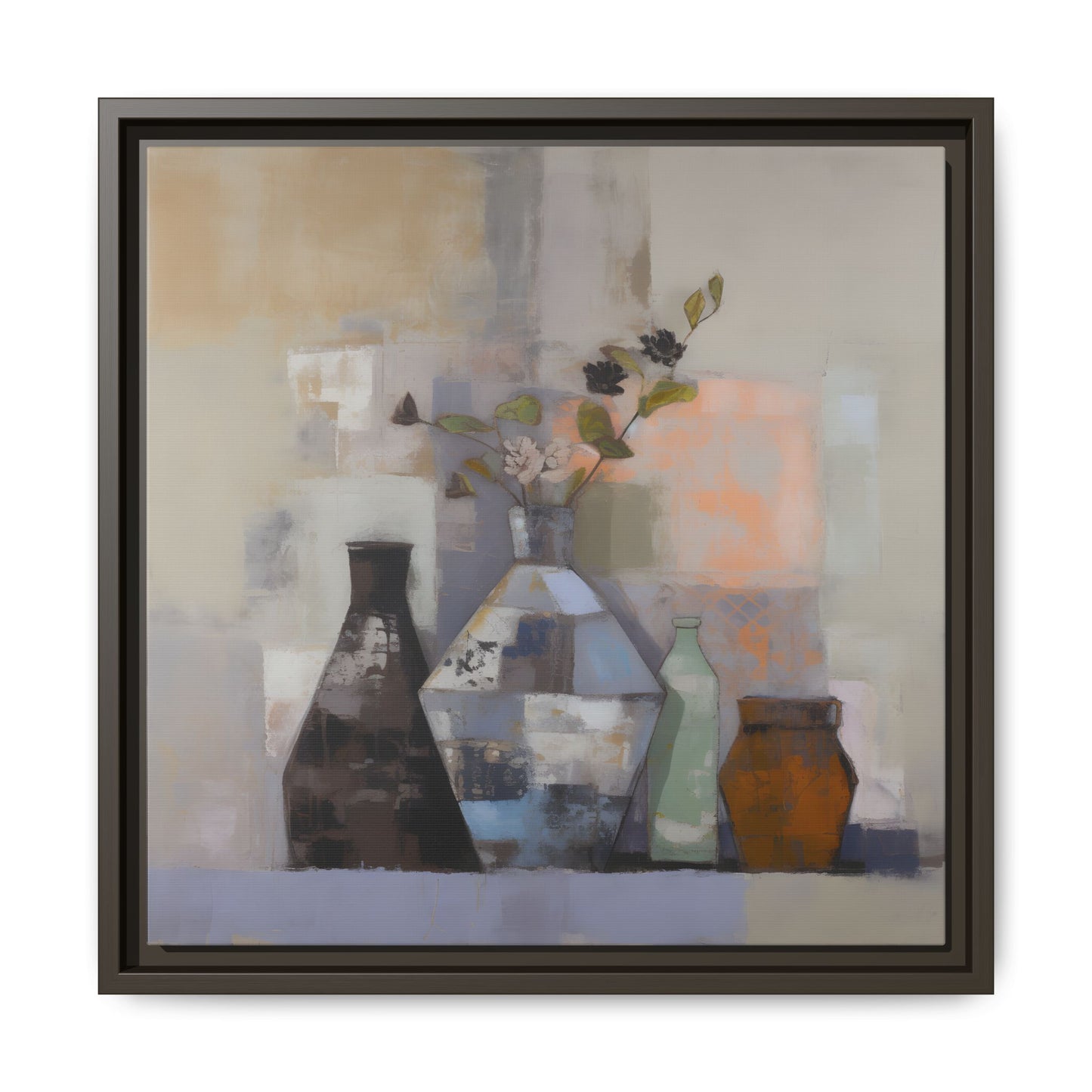 Earthy Bottle Still Life Wall Art – Framed Abstract Canvas with Geometric Vases in Neutral Tones