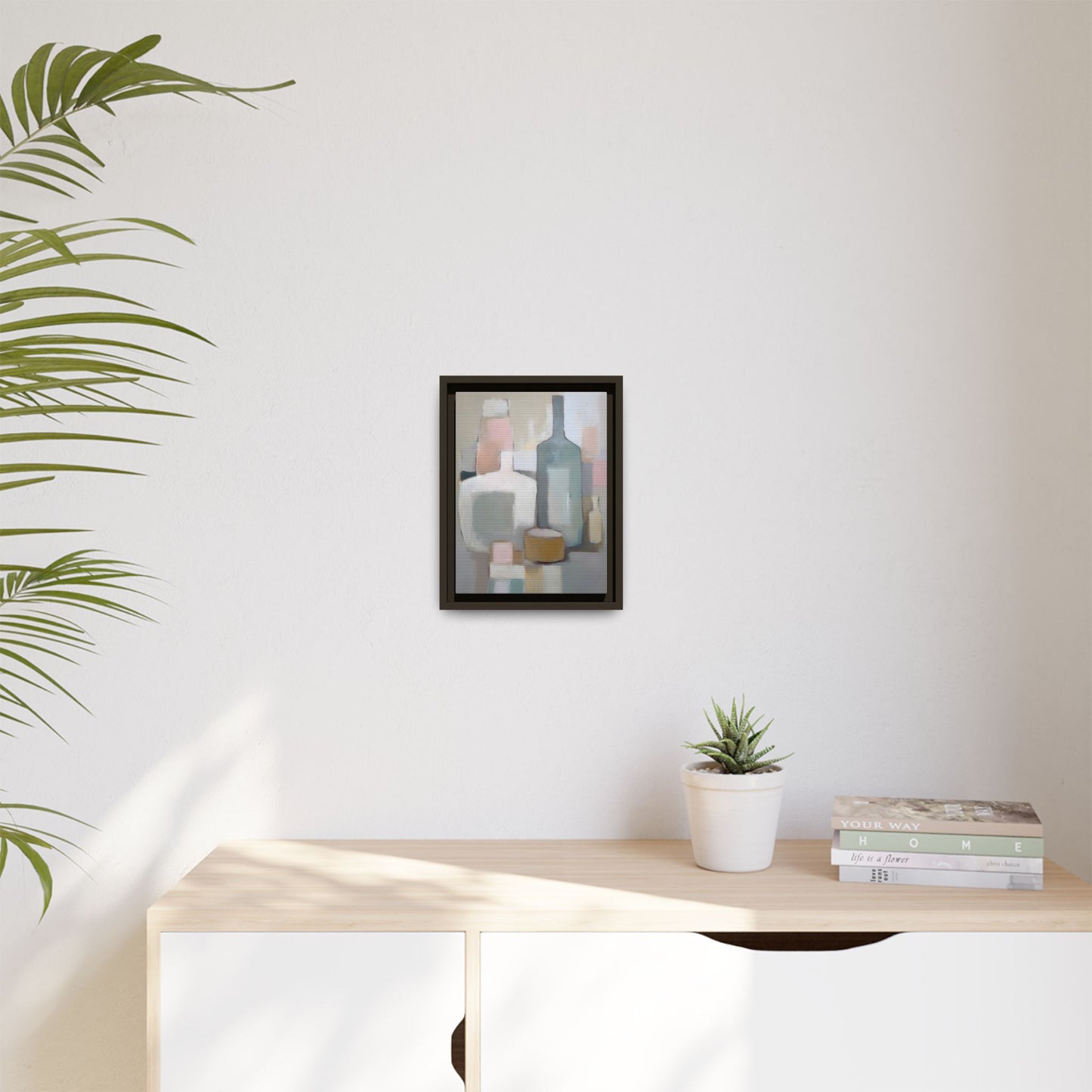 Modern Abstract Bottle Still Life Wall Art – Framed Canvas in Soft Pink, Blue, and Beige