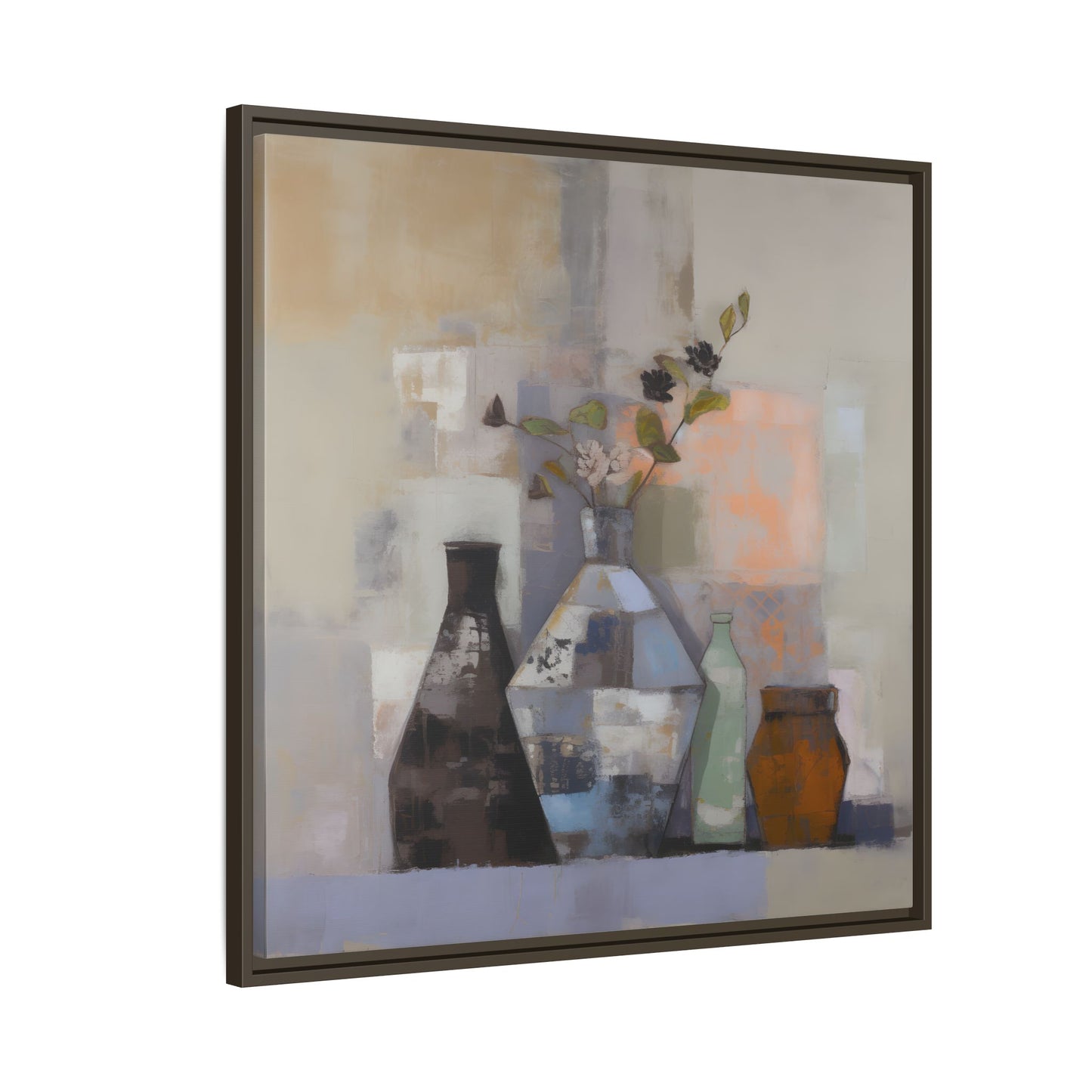 Earthy Bottle Still Life Wall Art – Framed Abstract Canvas with Geometric Vases in Neutral Tones