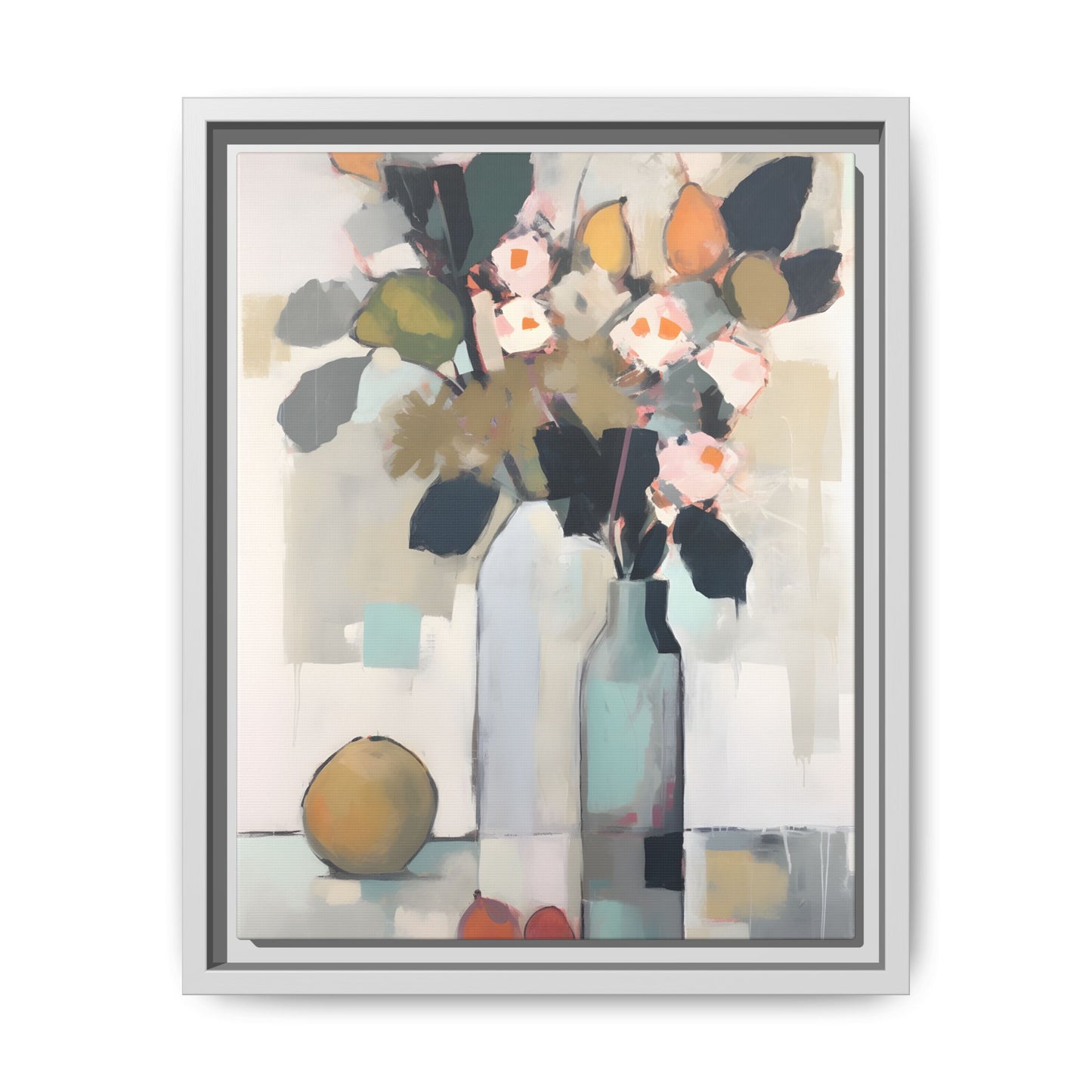 Modern Floral Still Life Wall Art – Framed Canvas with Bold Leaves and Citrus in Vase