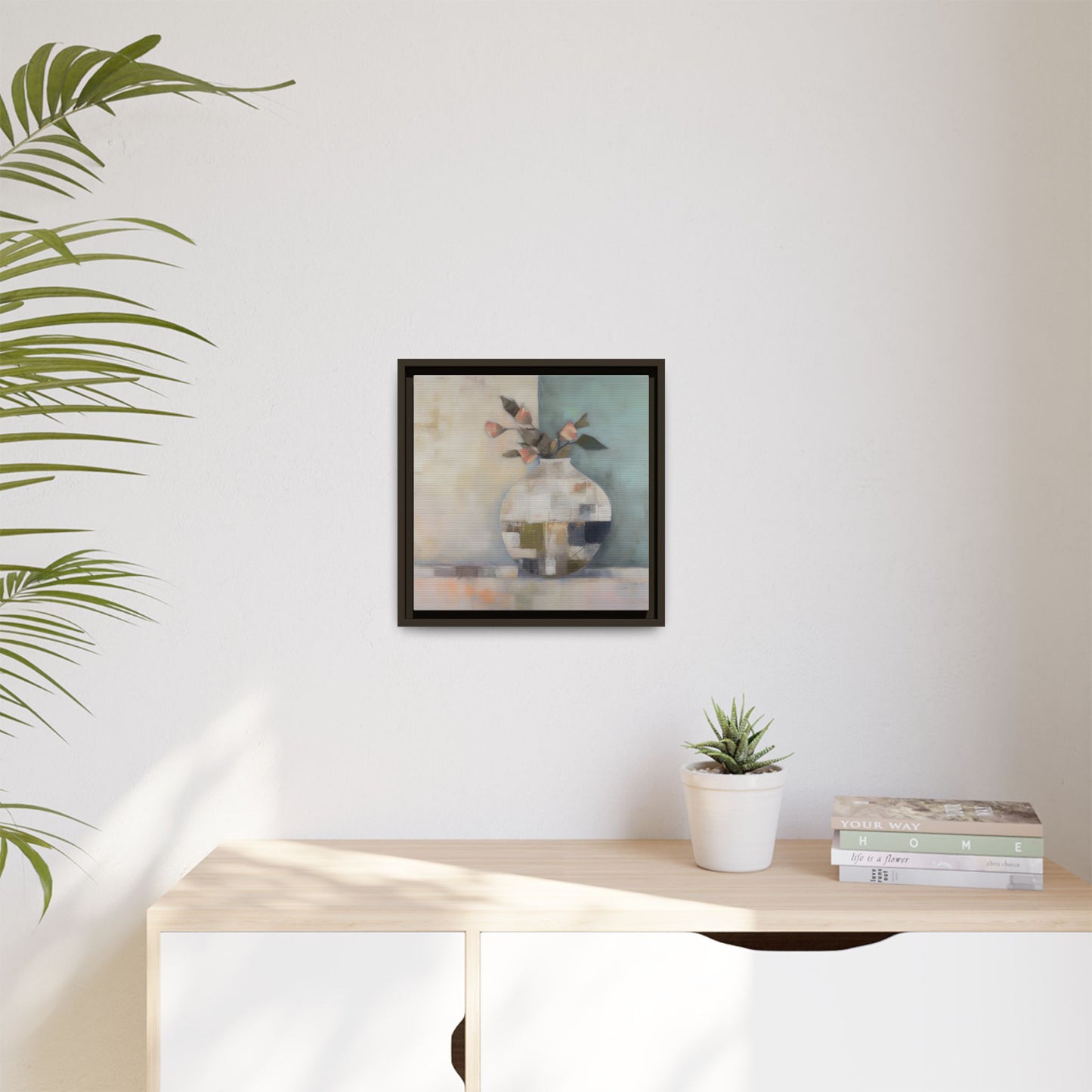 Geometric Floral Still Life Wall Art – Framed Abstract Canvas with Vase and Blush Pink Buds
