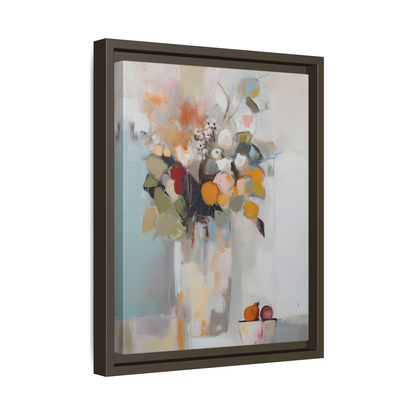 Colorful Floral Still Life Wall Art – Framed Abstract Canvas with Bright Blooms and Fruit Bowl