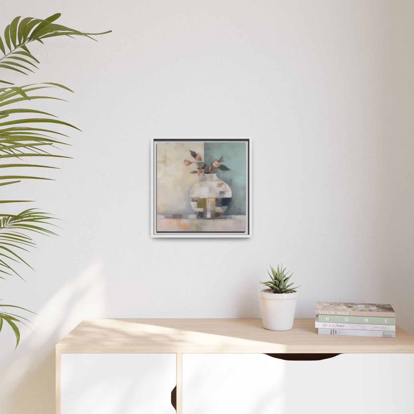 Geometric Floral Still Life Wall Art – Framed Abstract Canvas with Vase and Blush Pink Buds