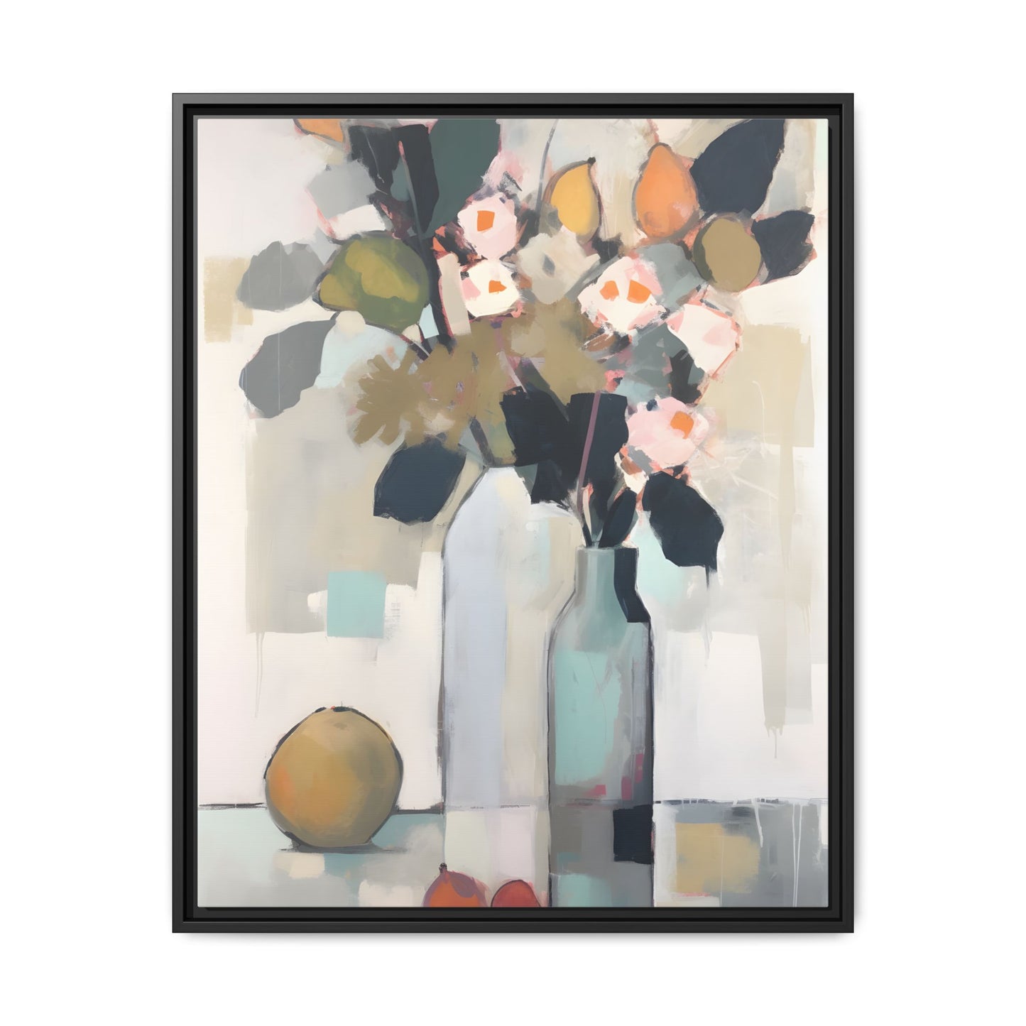 Modern Floral Still Life Wall Art – Framed Canvas with Bold Leaves and Citrus in Vase