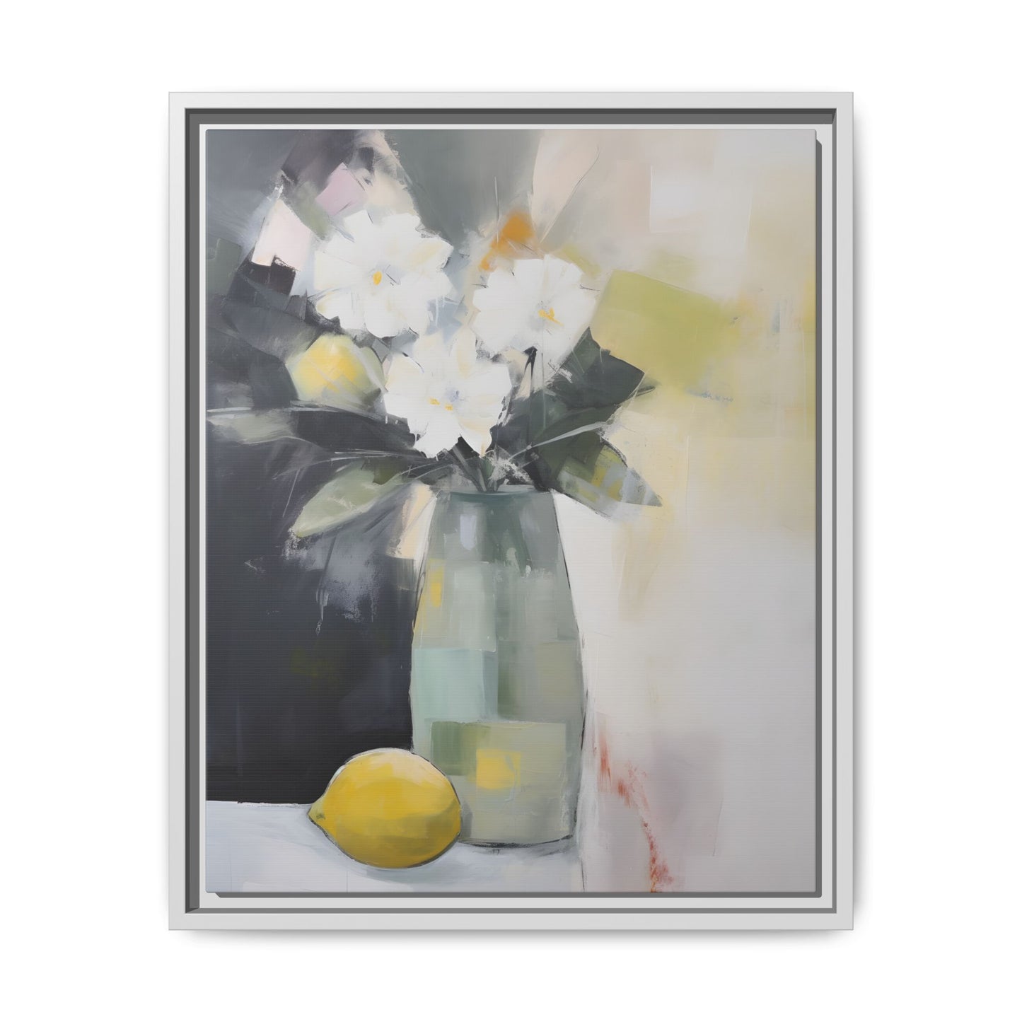 Modern Floral Still Life Wall Art – Framed Canvas with White Flowers and Lemon in Soft Green Vase