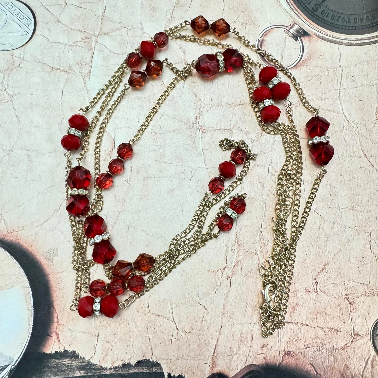 Elegant Vintage Red Rhinestone Earrings and Necklace Set