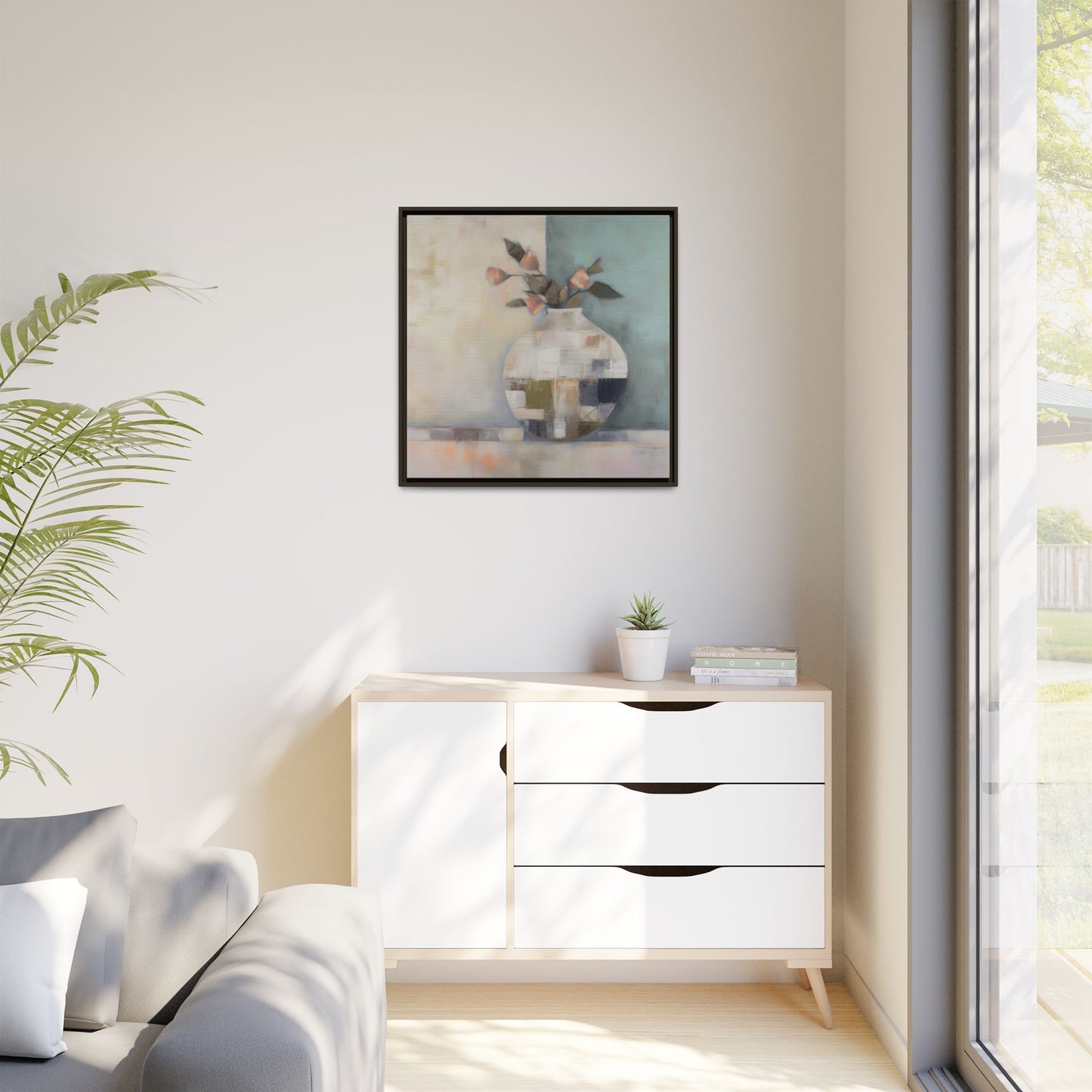 Geometric Floral Still Life Wall Art – Framed Abstract Canvas with Vase and Blush Pink Buds