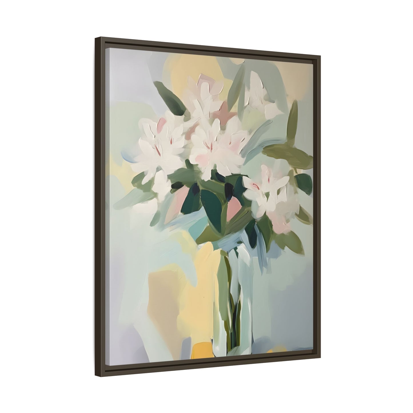 Soft Abstract Floral Wall Art – Framed Modern Canvas with White Flowers in Green Vase