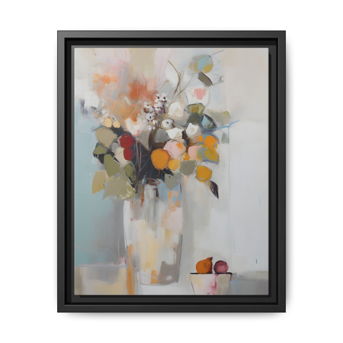 Colorful Floral Still Life Wall Art – Framed Abstract Canvas with Bright Blooms and Fruit Bowl