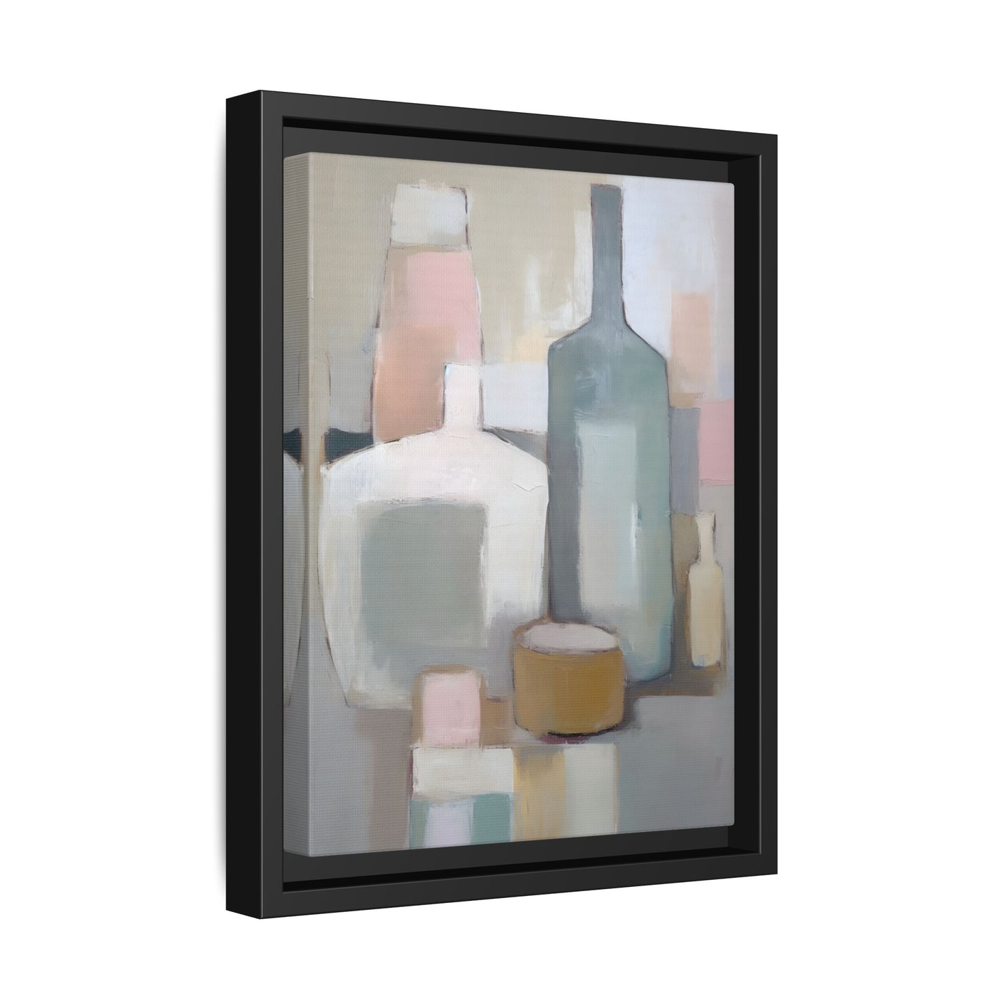 Modern Abstract Bottle Still Life Wall Art – Framed Canvas in Soft Pink, Blue, and Beige