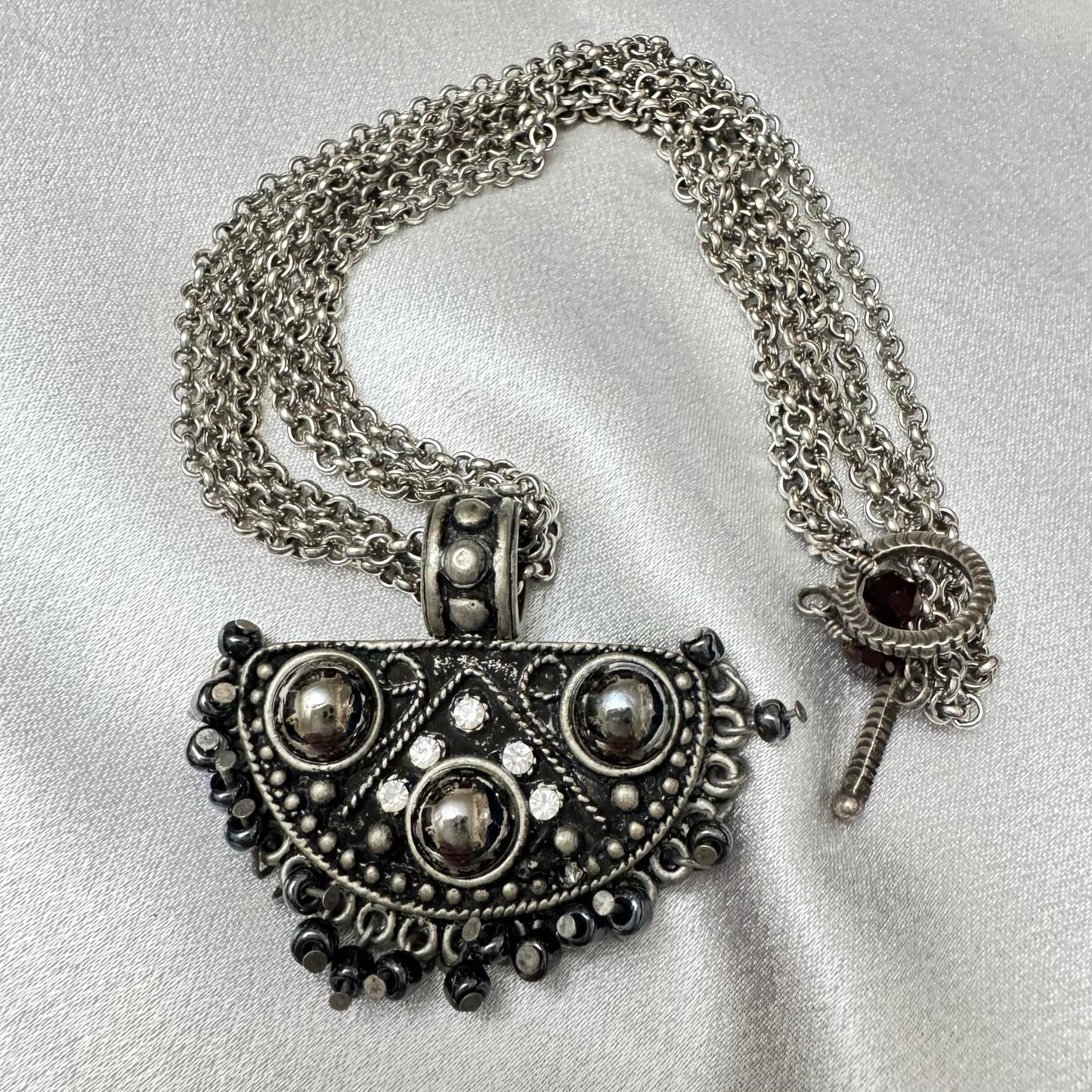 Vintage Silver-Tone Statement Necklace with Pendant and Bead Accents
