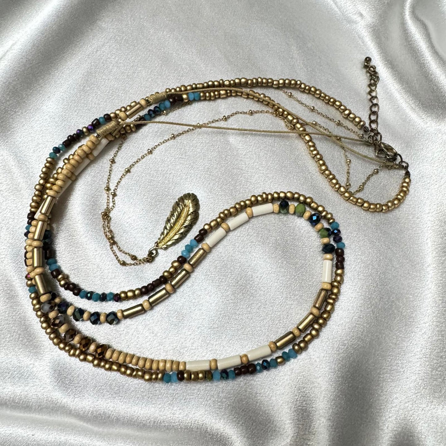 Bohemian Layered Necklace with Wood, Turquoise, and AB Color Beads/Leaf Pendant