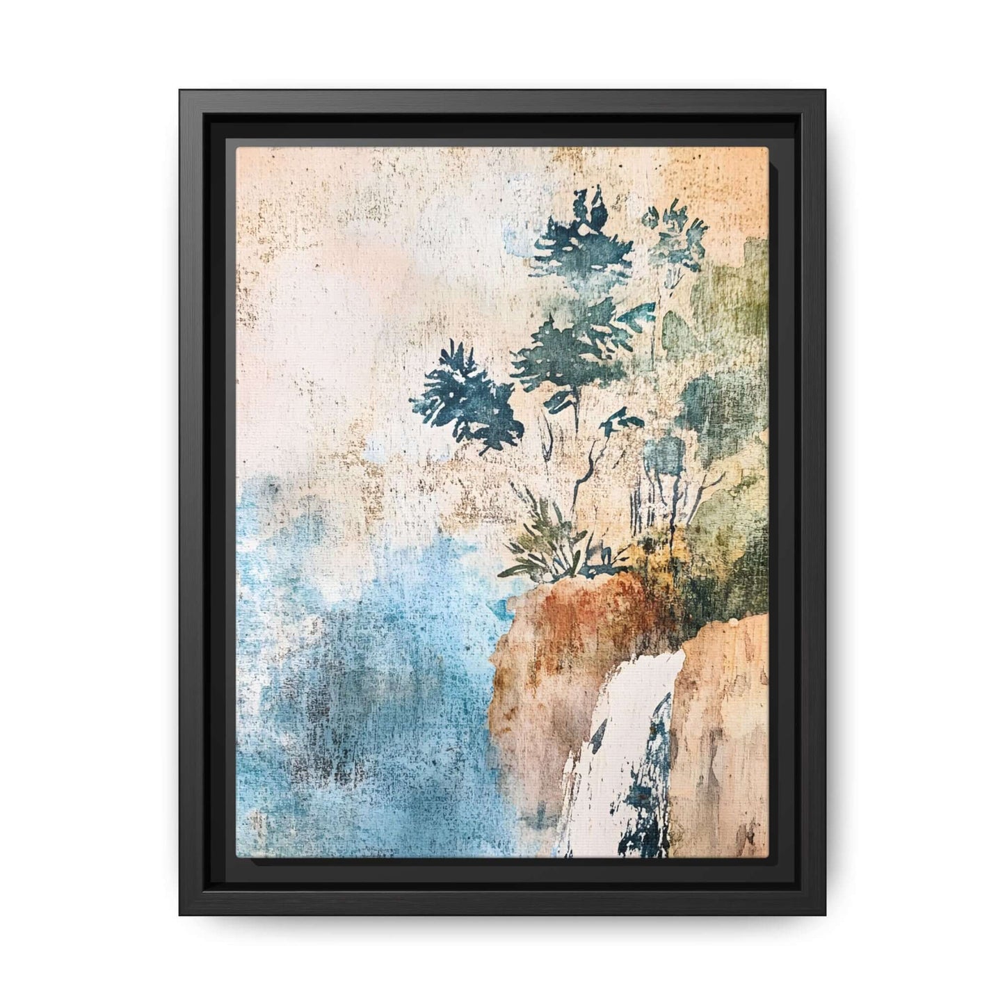 Framed watercolor print of misty forest with serene landscape, perfect for home decor and creating a calming atmosphere.