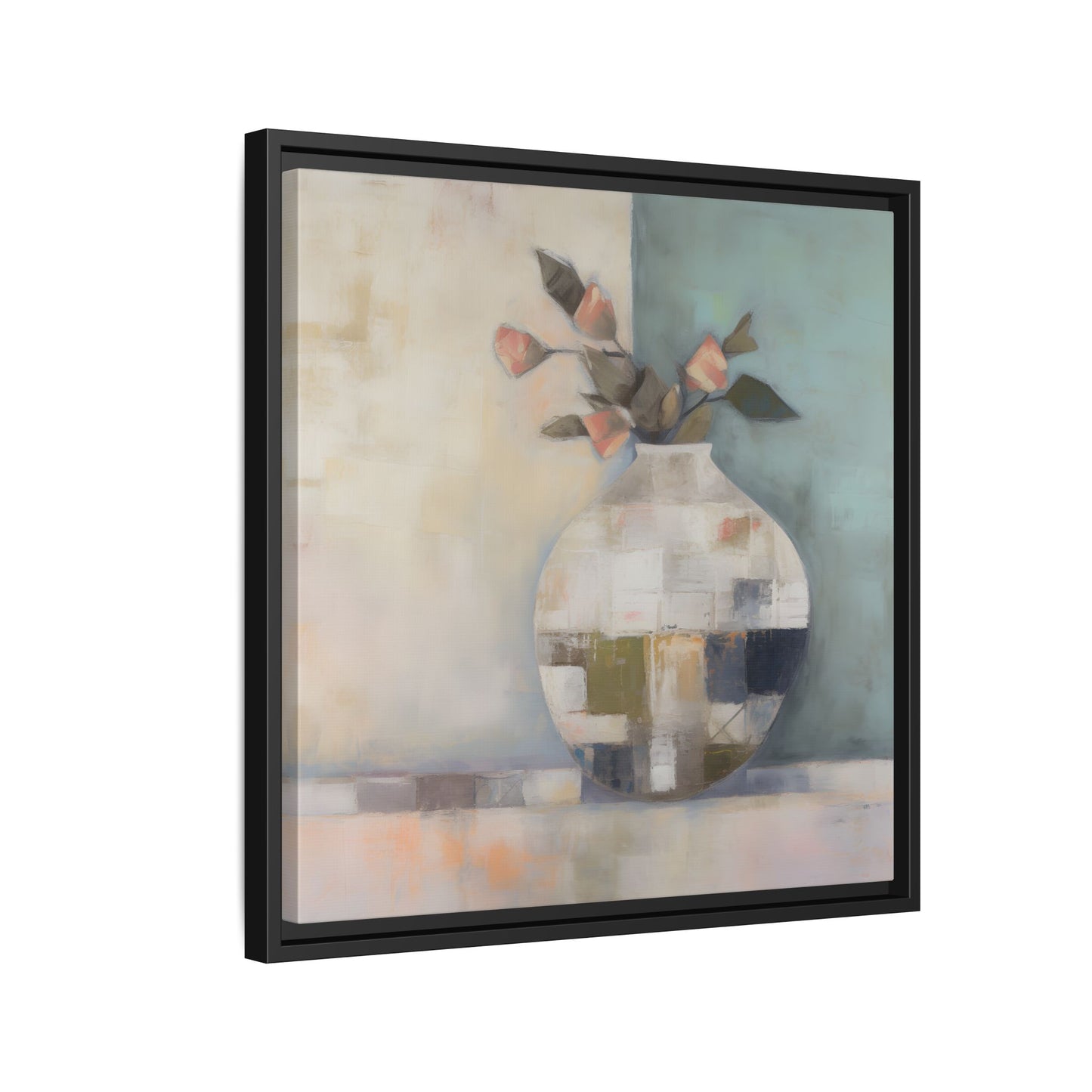 Geometric Floral Still Life Wall Art – Framed Abstract Canvas with Vase and Blush Pink Buds