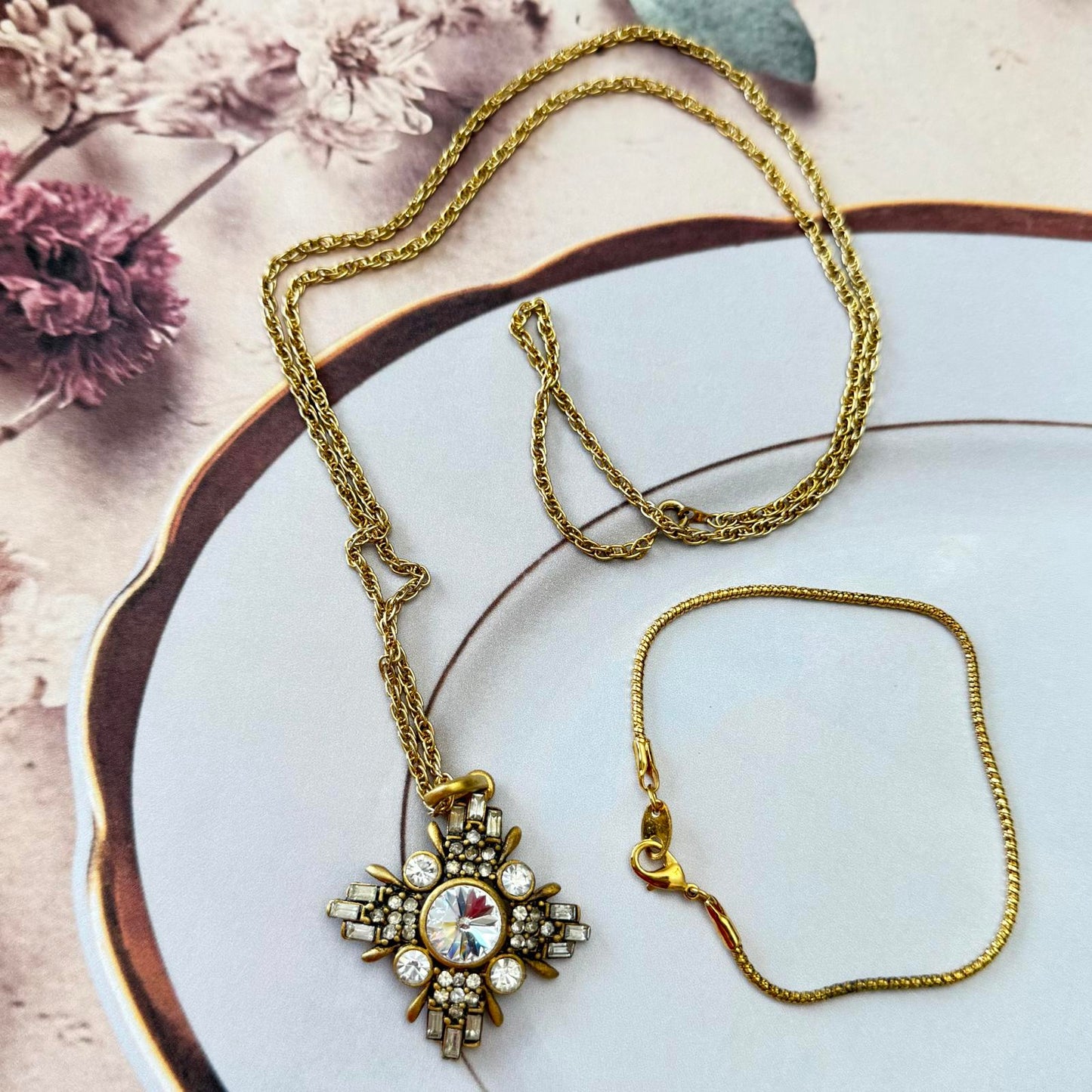 Vintage Gold Tone and Rhinestone Pendant Necklace with Coordinating Bracelet
