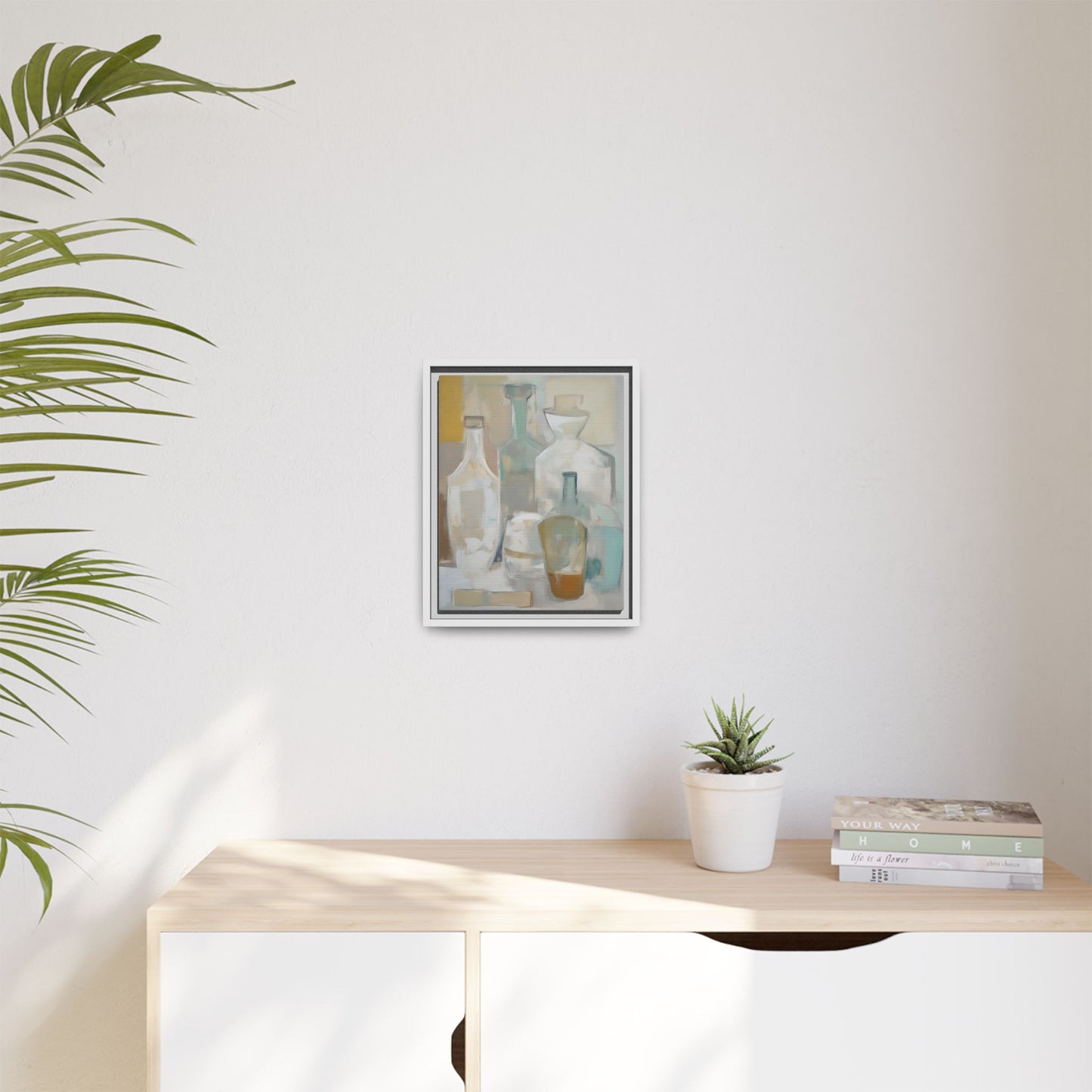 Modern Still Life Wall Art – Neutral Bottles Framed Canvas in Beige, Aqua & Amber