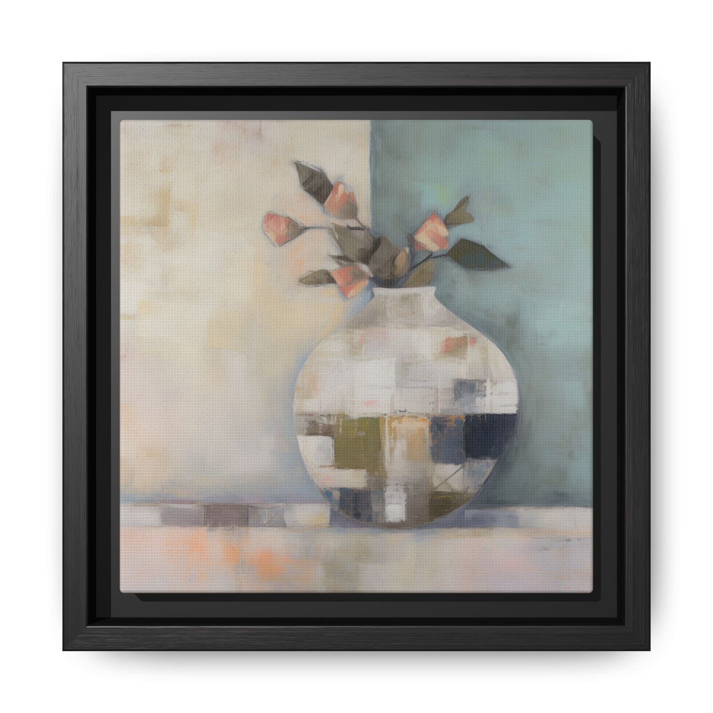 Geometric Floral Still Life Wall Art – Framed Abstract Canvas with Vase and Blush Pink Buds