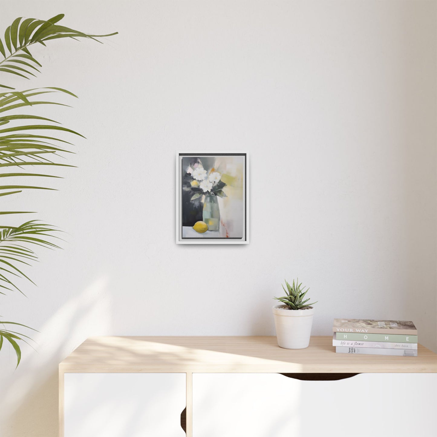 Modern Floral Still Life Wall Art – Framed Canvas with White Flowers and Lemon in Soft Green Vase