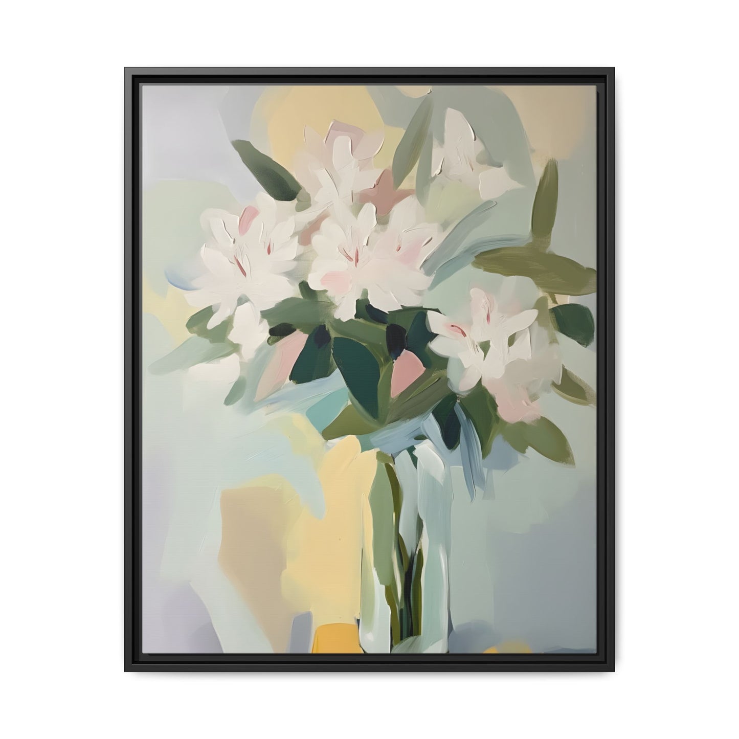 Soft Abstract Floral Wall Art – Framed Modern Canvas with White Flowers in Green Vase