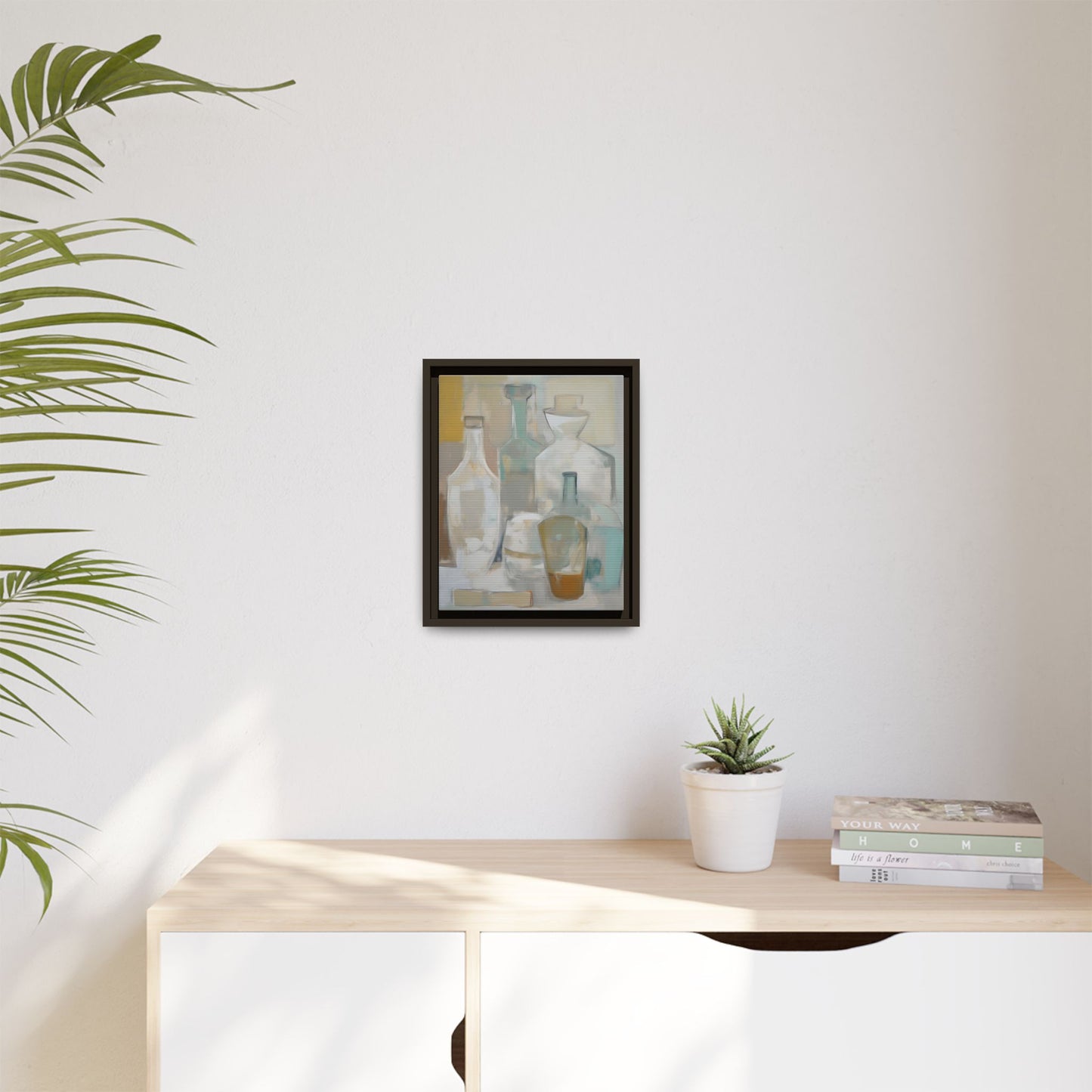 Modern Still Life Wall Art – Neutral Bottles Framed Canvas in Beige, Aqua & Amber