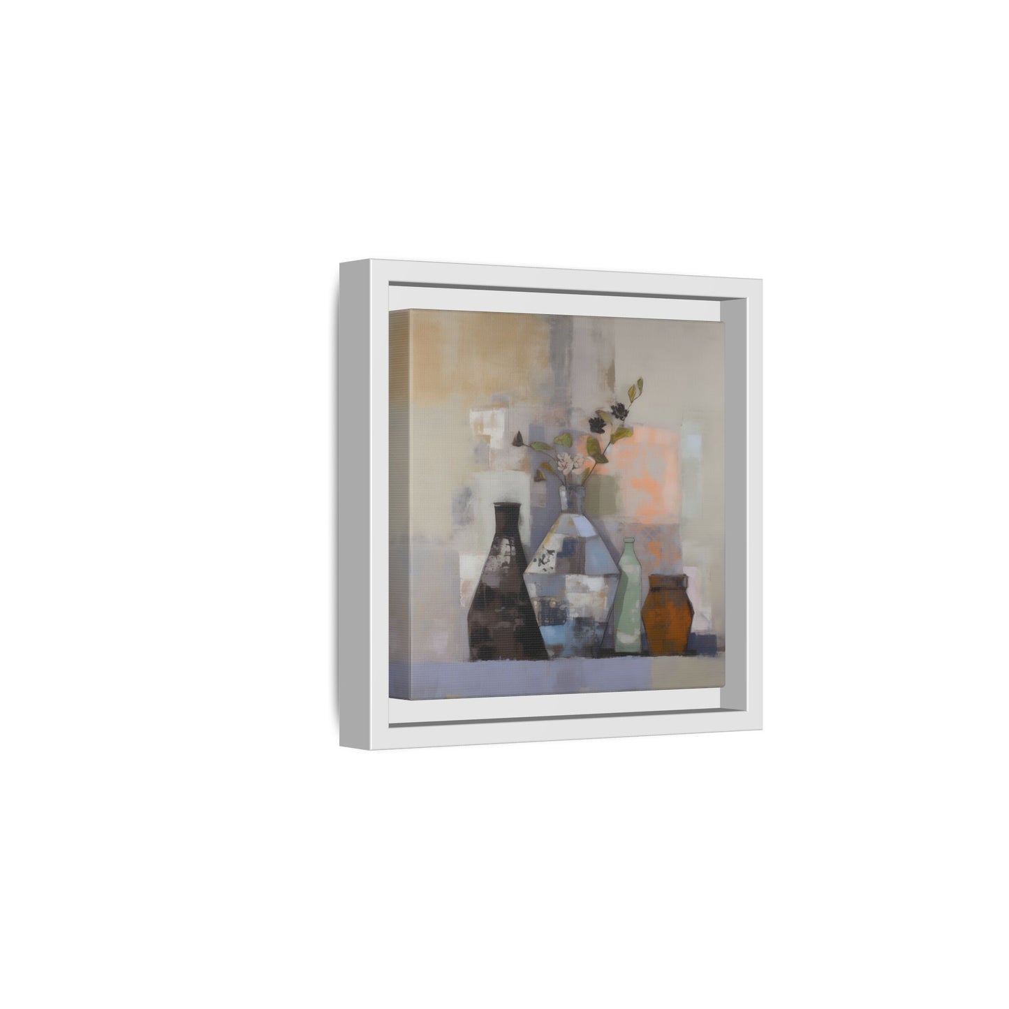 Earthy Bottle Still Life Wall Art – Framed Abstract Canvas with Geometric Vases in Neutral Tones