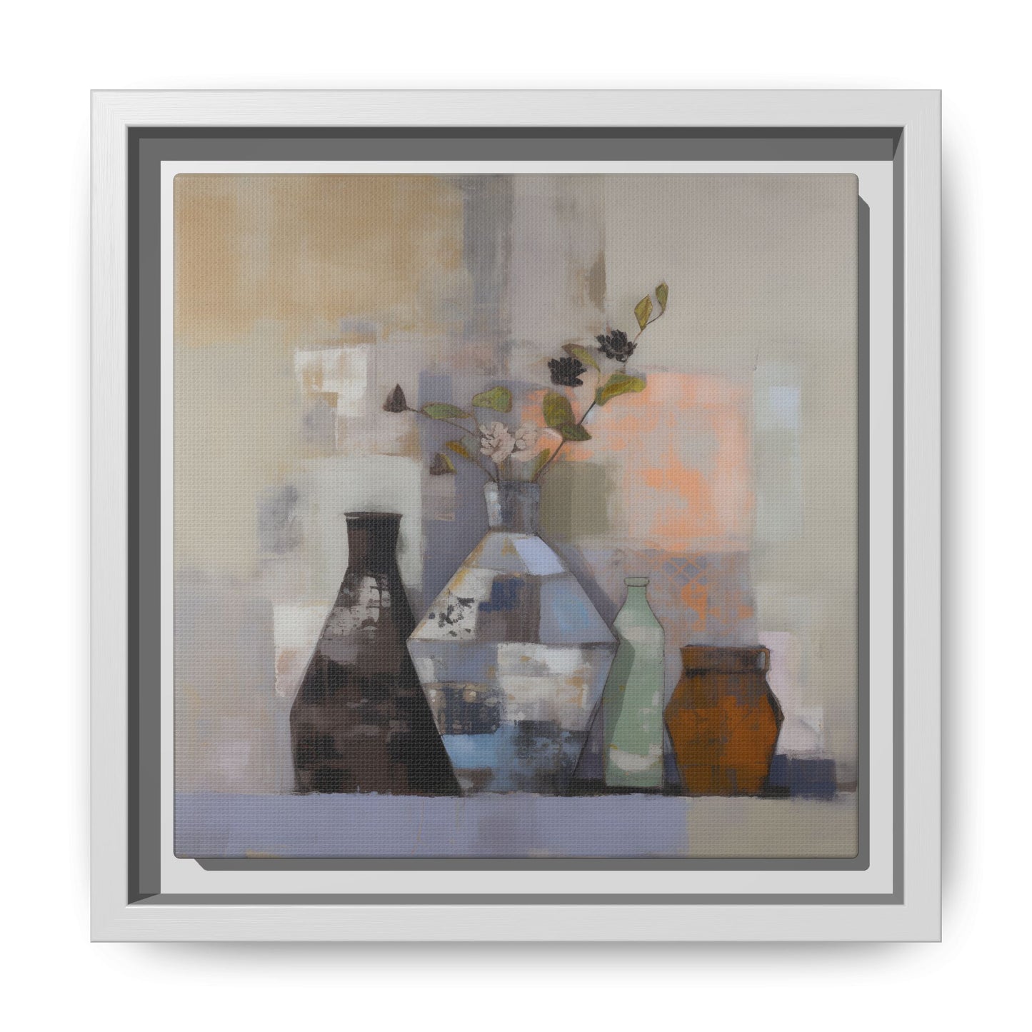 Earthy Bottle Still Life Wall Art – Framed Abstract Canvas with Geometric Vases in Neutral Tones