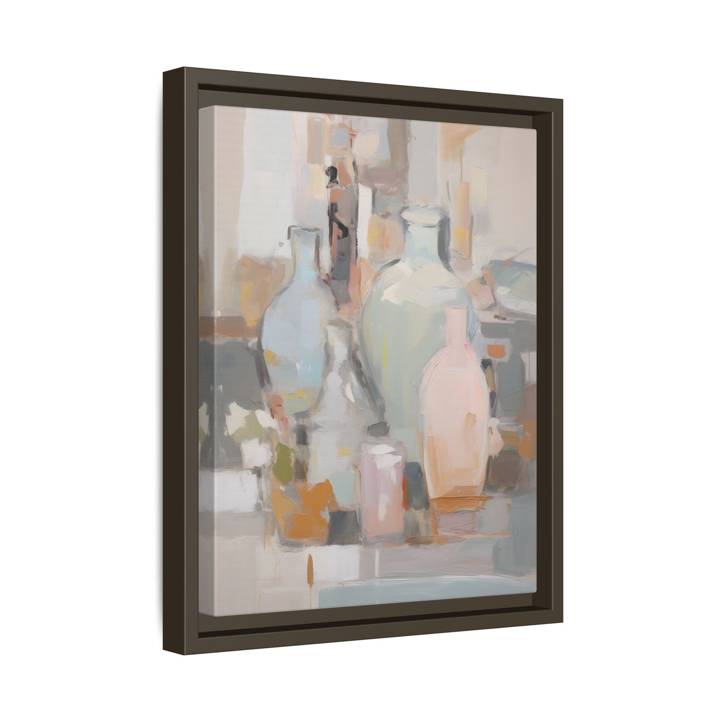 Modern Abstract Still Life Wall Art – Colorful Framed Canvas with Blue, Pink & Terracotta Bottles