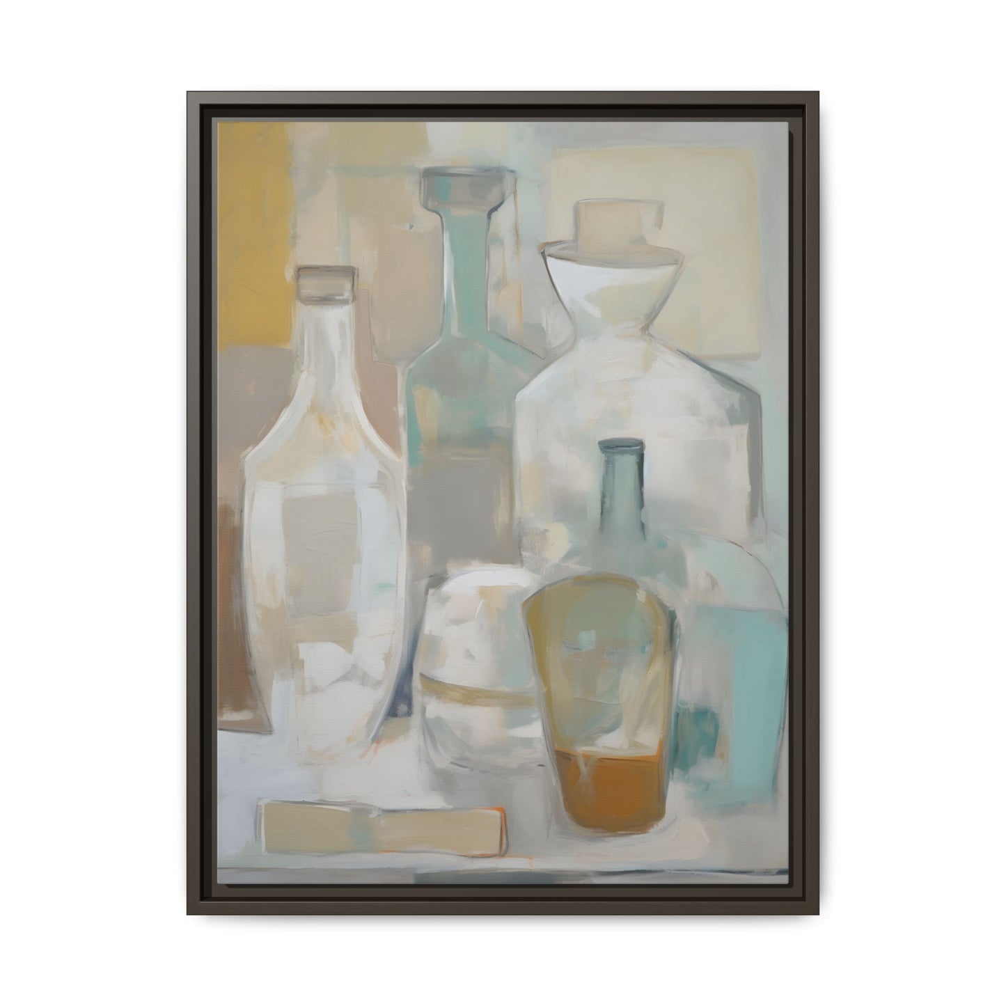 Modern Still Life Wall Art – Neutral Bottles Framed Canvas in Beige, Aqua & Amber