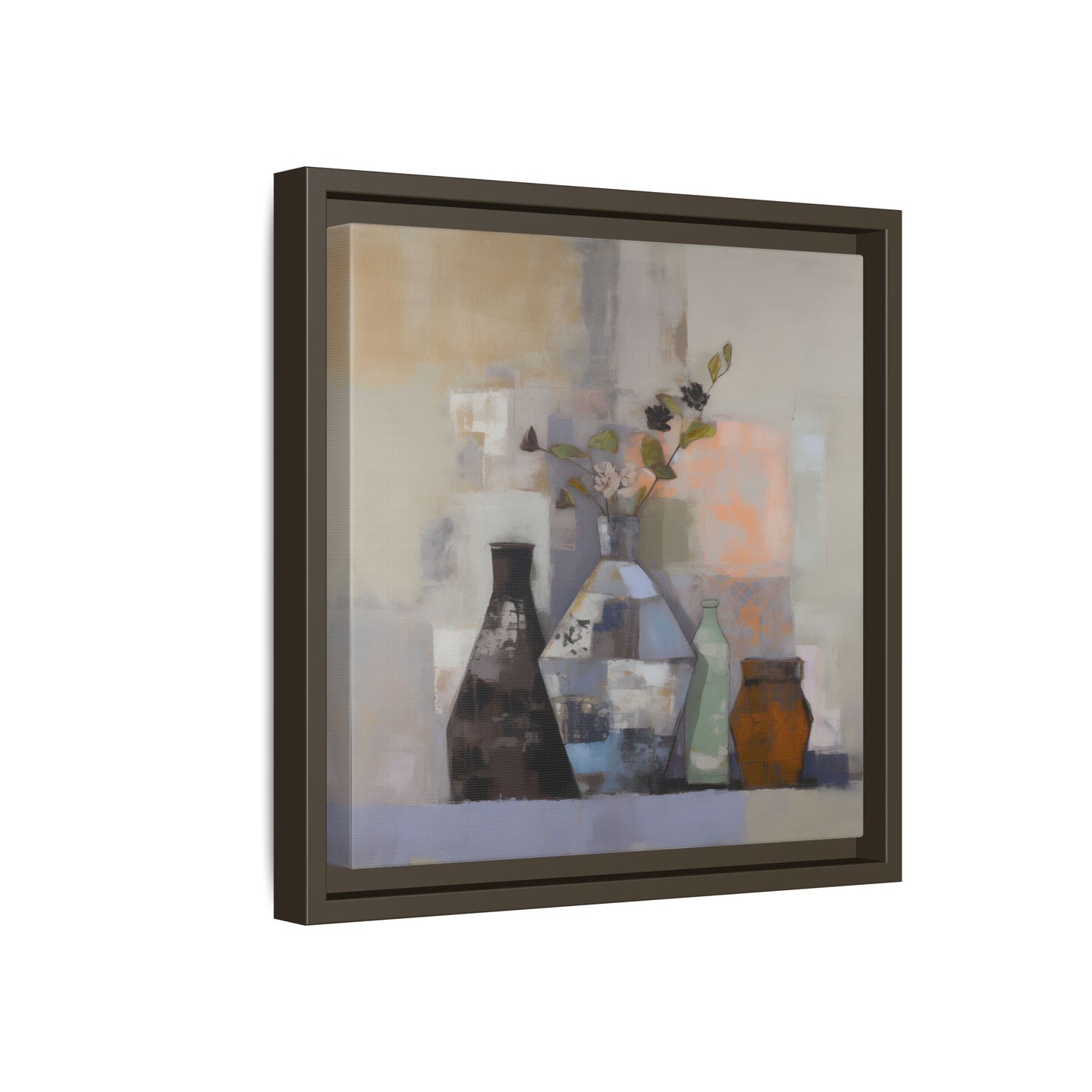Earthy Bottle Still Life Wall Art – Framed Abstract Canvas with Geometric Vases in Neutral Tones