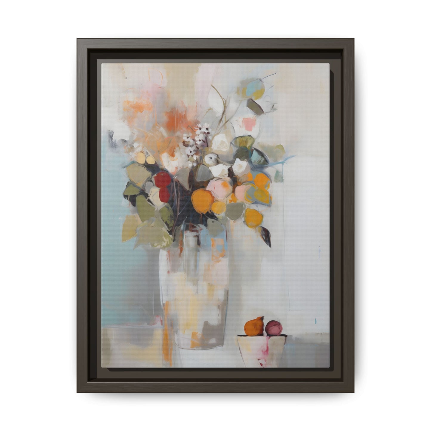 Colorful Floral Still Life Wall Art – Framed Abstract Canvas with Bright Blooms and Fruit Bowl